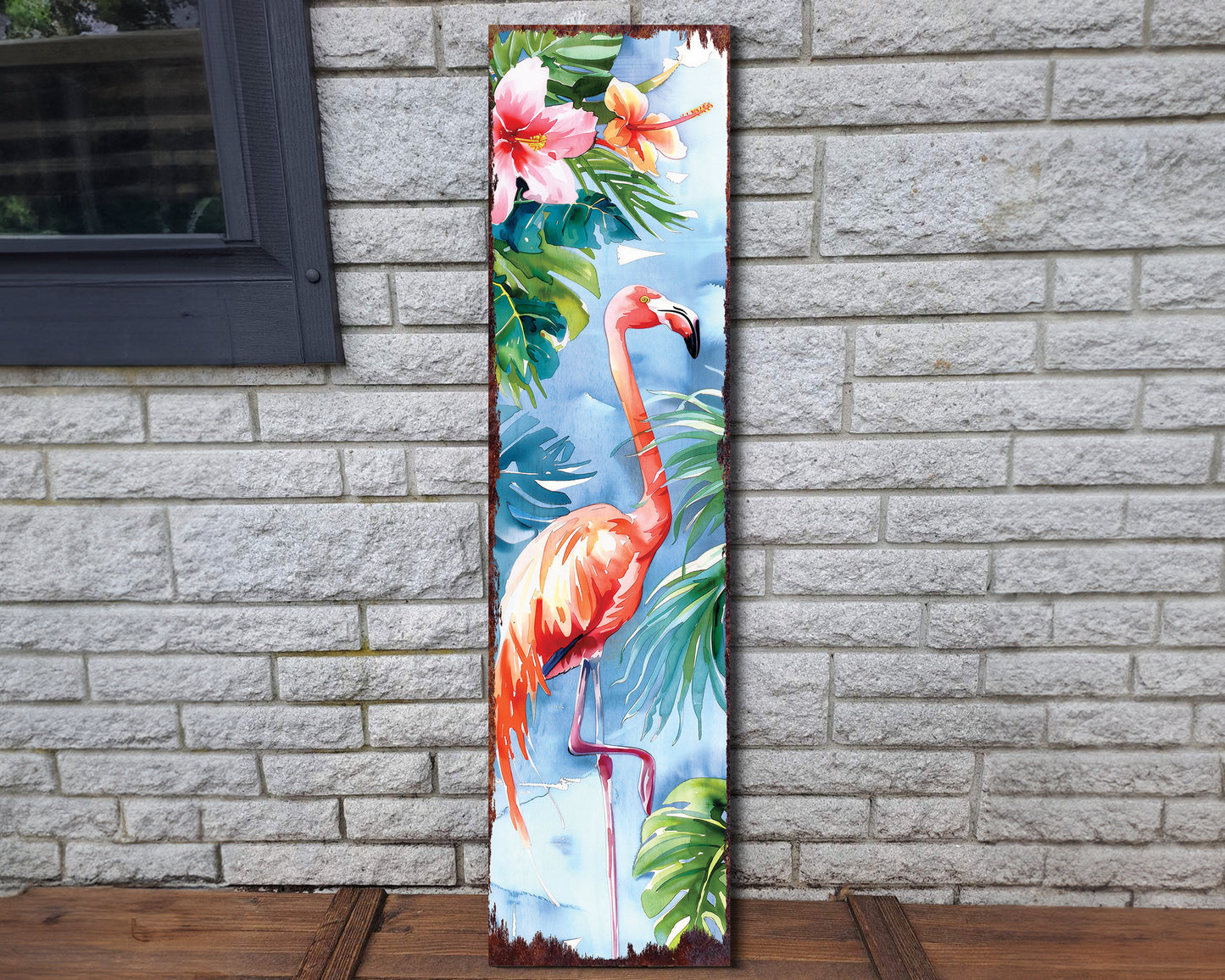 36in Summer Watercolor Flamingo Porch Sign - Farmhouse Rustic Decor for Door, Wall, Outdoor Entryway - UV Protected & Sealed