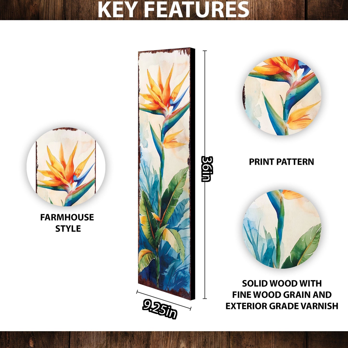 36in Summer Watercolor Bird of Paradise Flower Porch Sign - Farmhouse Rustic Decor for Door, Wall, Outdoor Entryway - UV Protected & Sealed