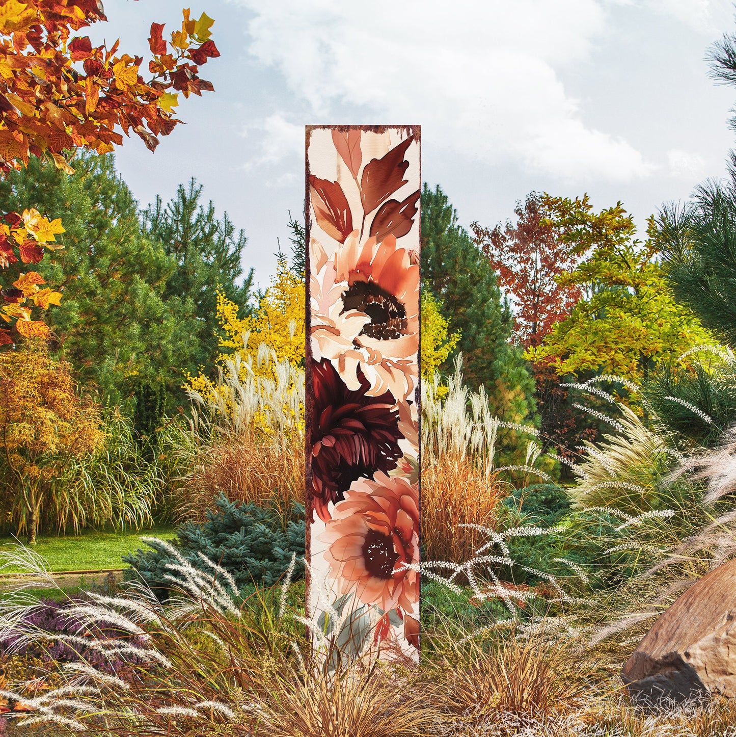 42in Fall Garden Stake | Watercolor Boho Floral Bouquet Decor | Ideal for Outdoor Decor, Yard Art, and Garden Decorations