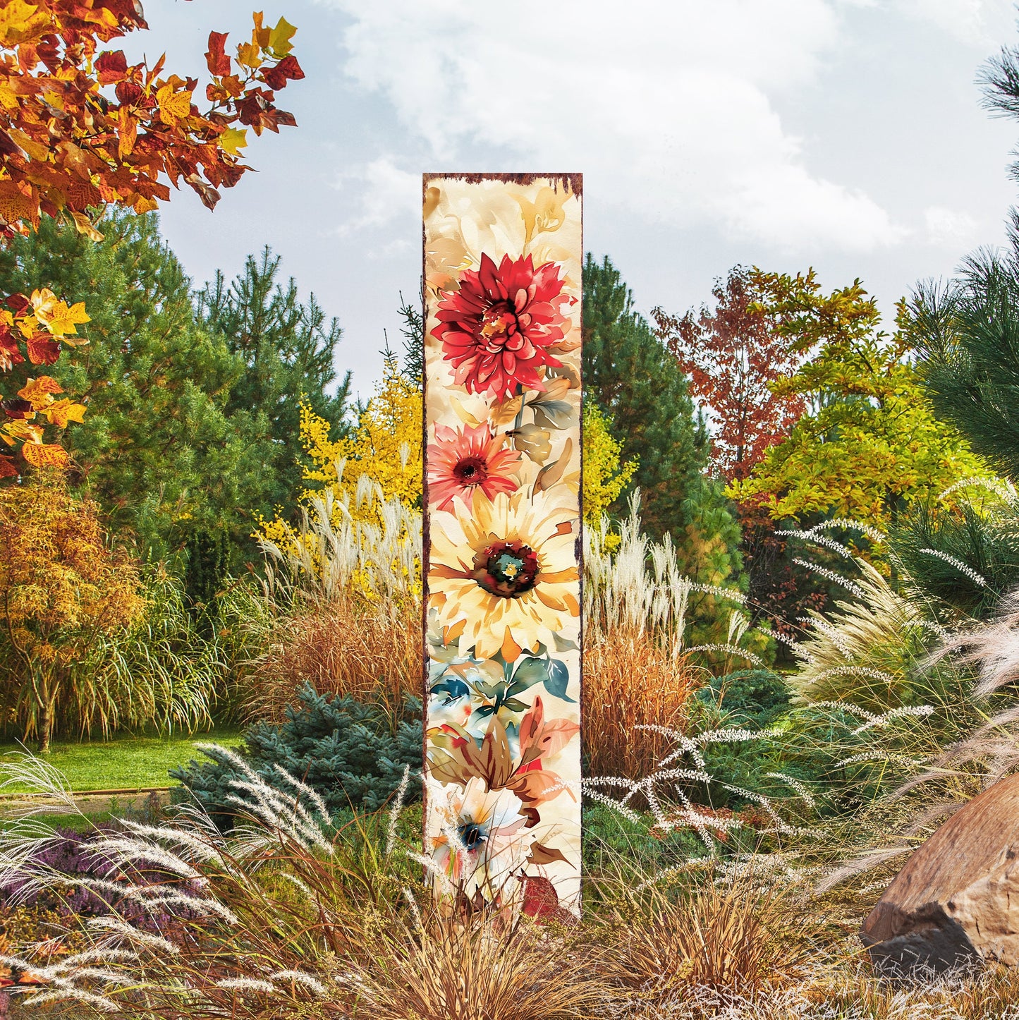 42in Fall Garden Stake - Watercolor Boho Floral Bouquet Decor | Ideal for Outdoor Decor, Yard Art, and Garden Decorations