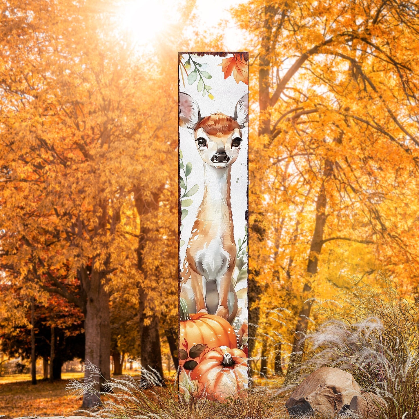 42in Fall Garden Stake | Watercolor Fall Baby Deer Decor | Ideal for Outdoor Decor | Yard Art and Garden Decorative