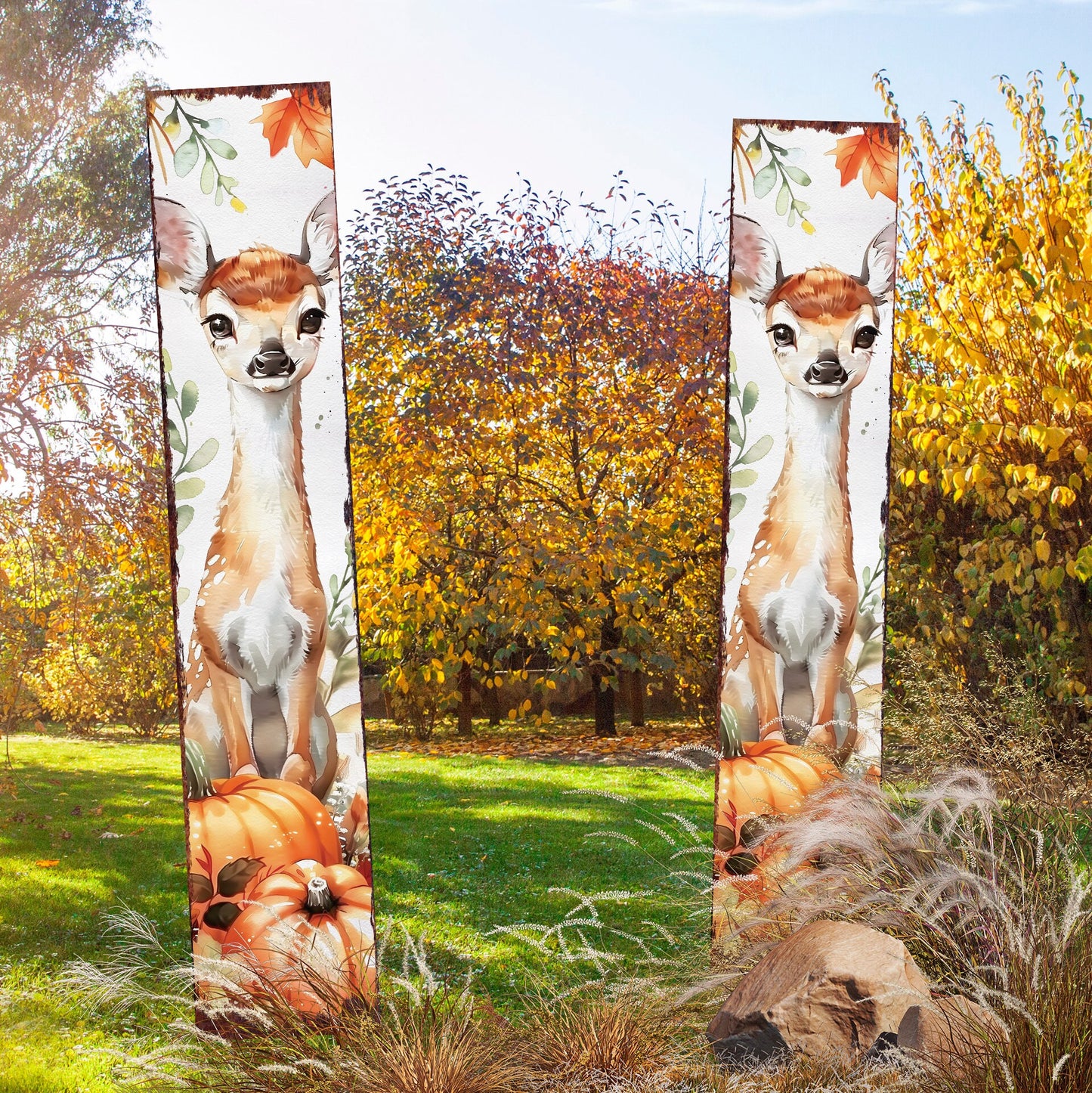 42in Fall Garden Stake | Watercolor Fall Baby Deer Decor | Ideal for Outdoor Decor | Yard Art and Garden Decorative