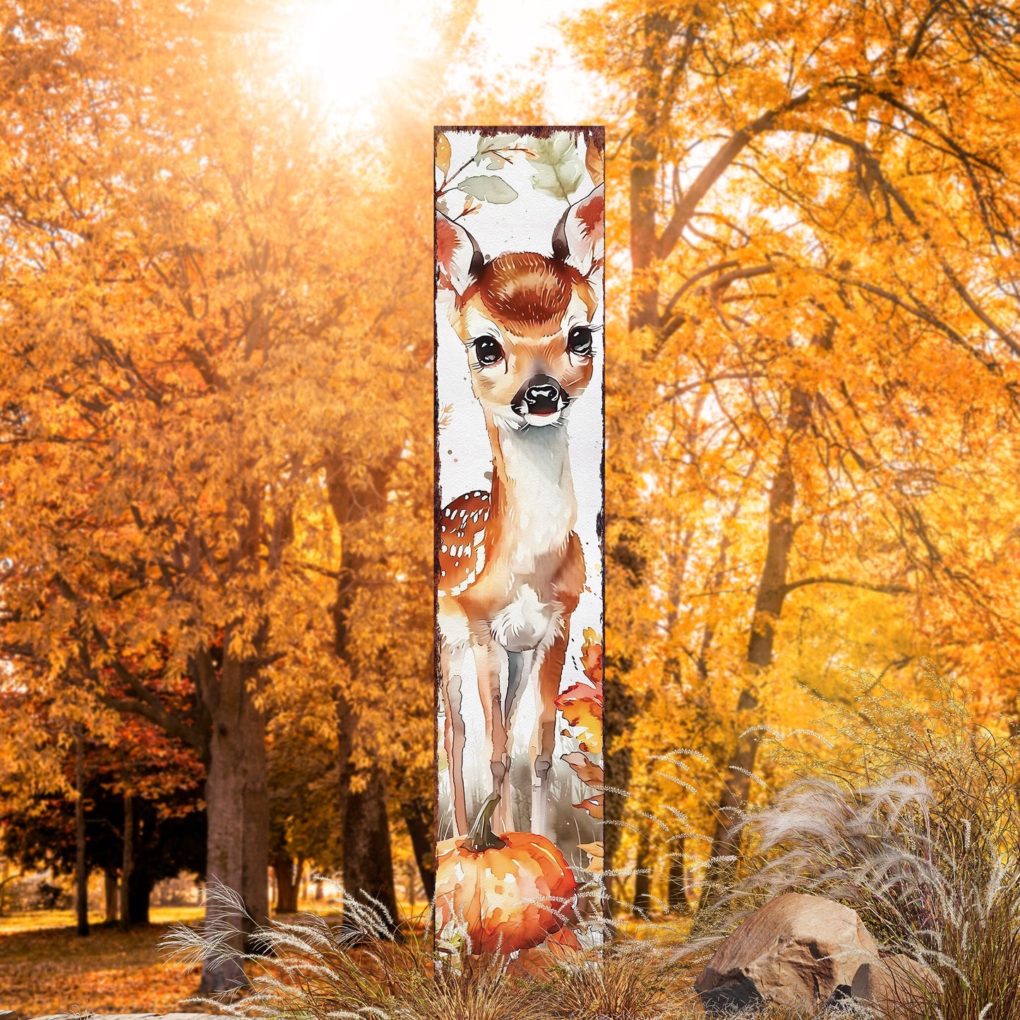 42in Fall Garden Stake - Watercolor Fall Baby Deer Decor | Ideal for Outdoor Decor | Yard Art and Garden Decorative