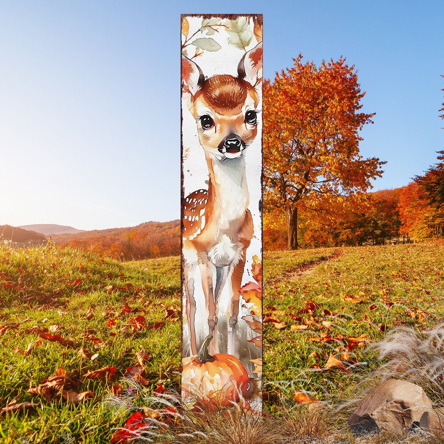 42in Fall Garden Stake - Watercolor Fall Baby Deer Decor | Ideal for Outdoor Decor | Yard Art and Garden Decorative