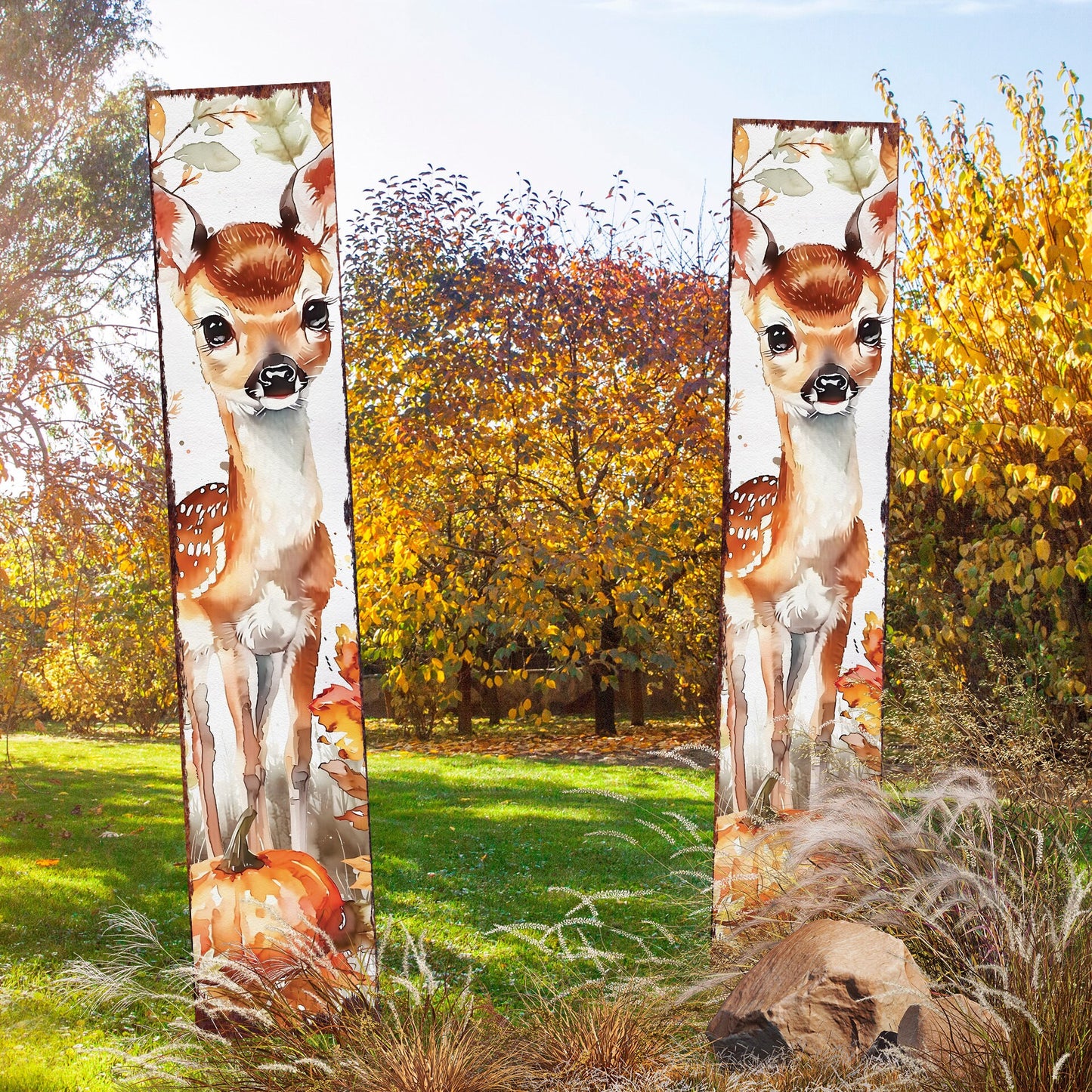 42in Fall Garden Stake - Watercolor Fall Baby Deer Decor | Ideal for Outdoor Decor | Yard Art and Garden Decorative