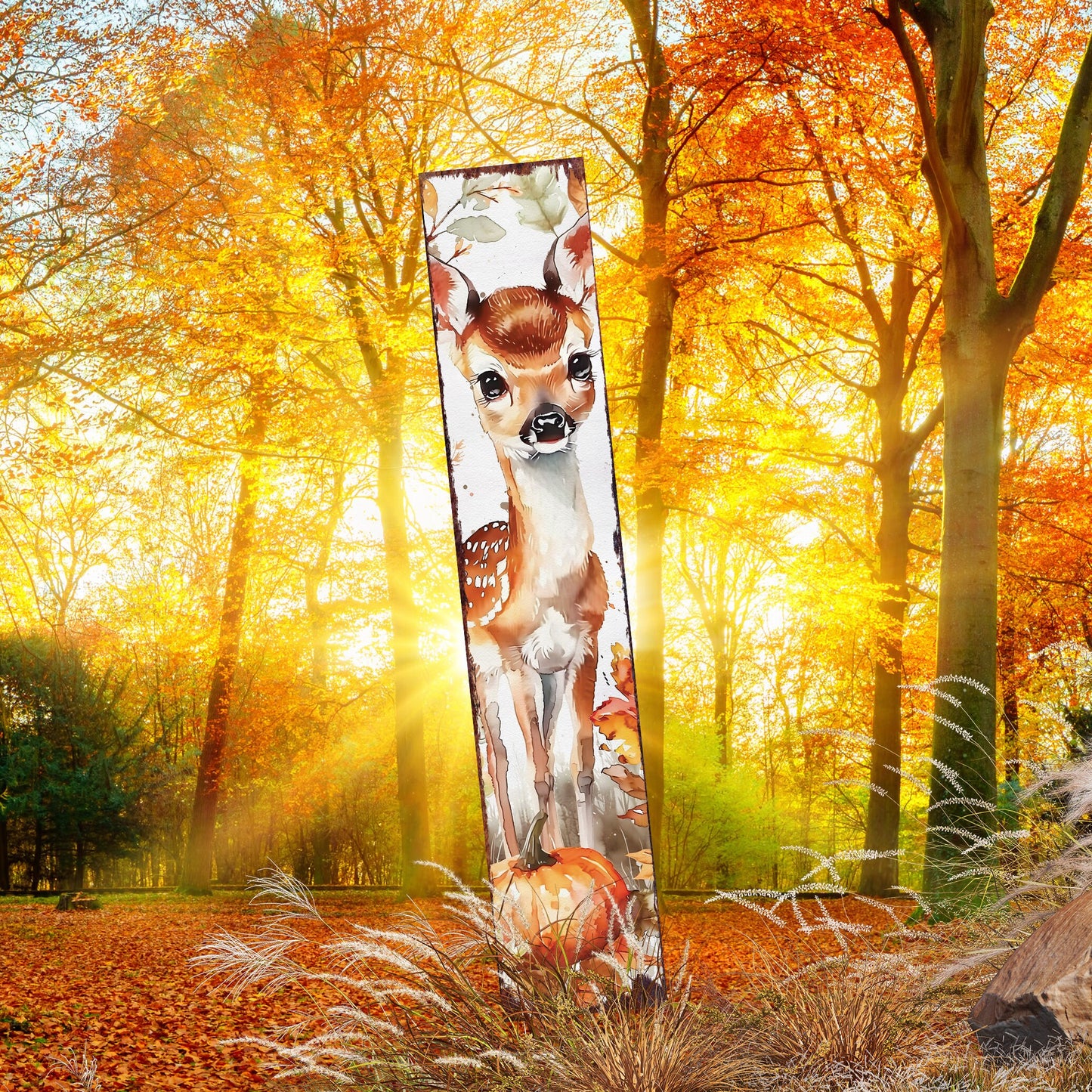42in Fall Garden Stake - Watercolor Fall Baby Deer Decor | Ideal for Outdoor Decor | Yard Art and Garden Decorative