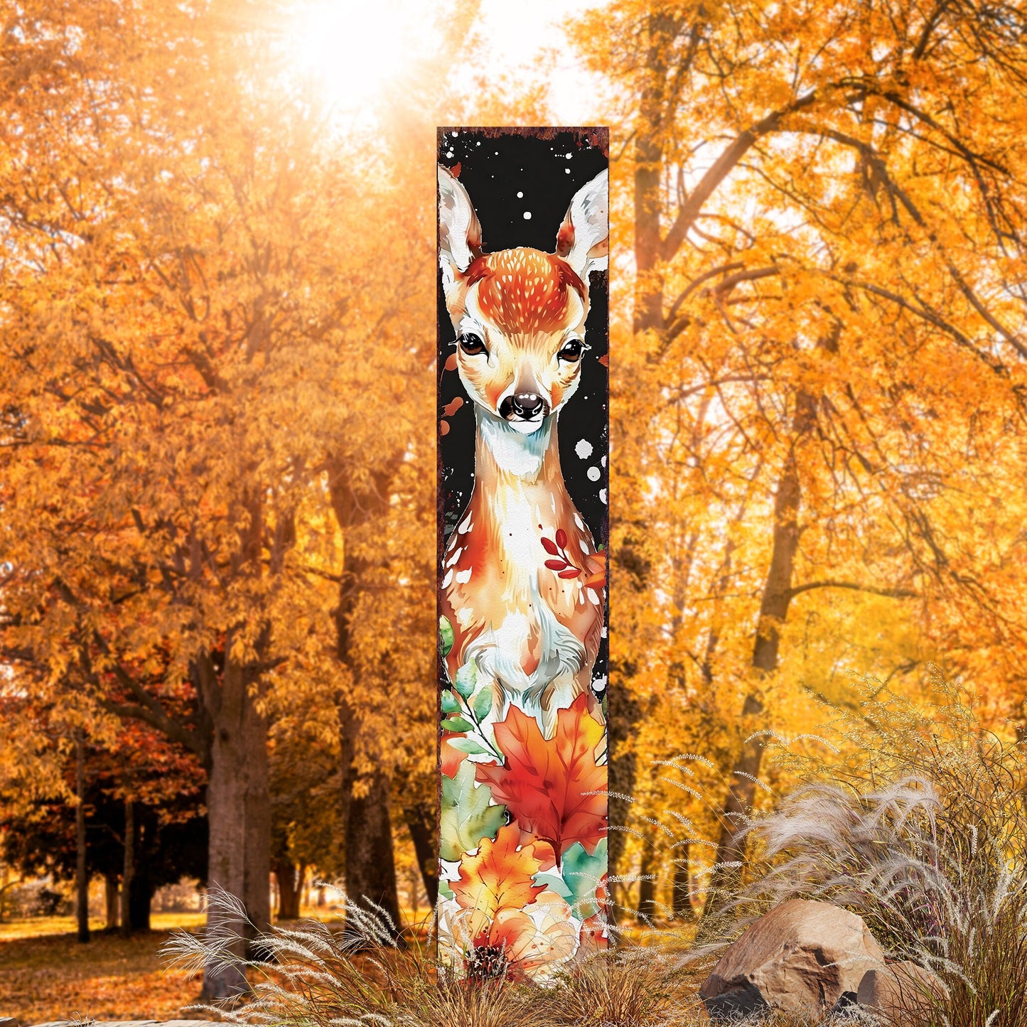 42in Fall Garden Stake - Watercolor Fall Baby Deer Decor - Ideal for Outdoor Decor | Yard Art and Garden Decorative