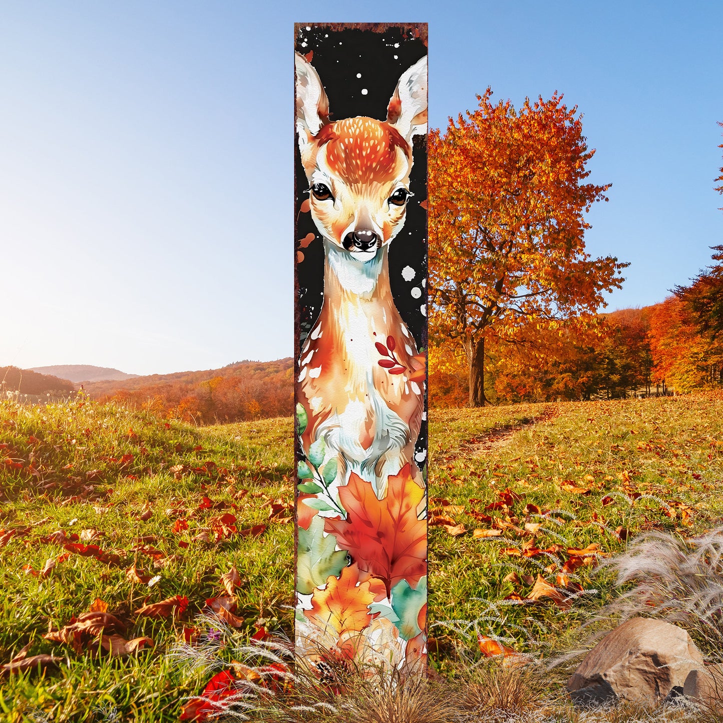 42in Fall Garden Stake - Watercolor Fall Baby Deer Decor - Ideal for Outdoor Decor | Yard Art and Garden Decorative