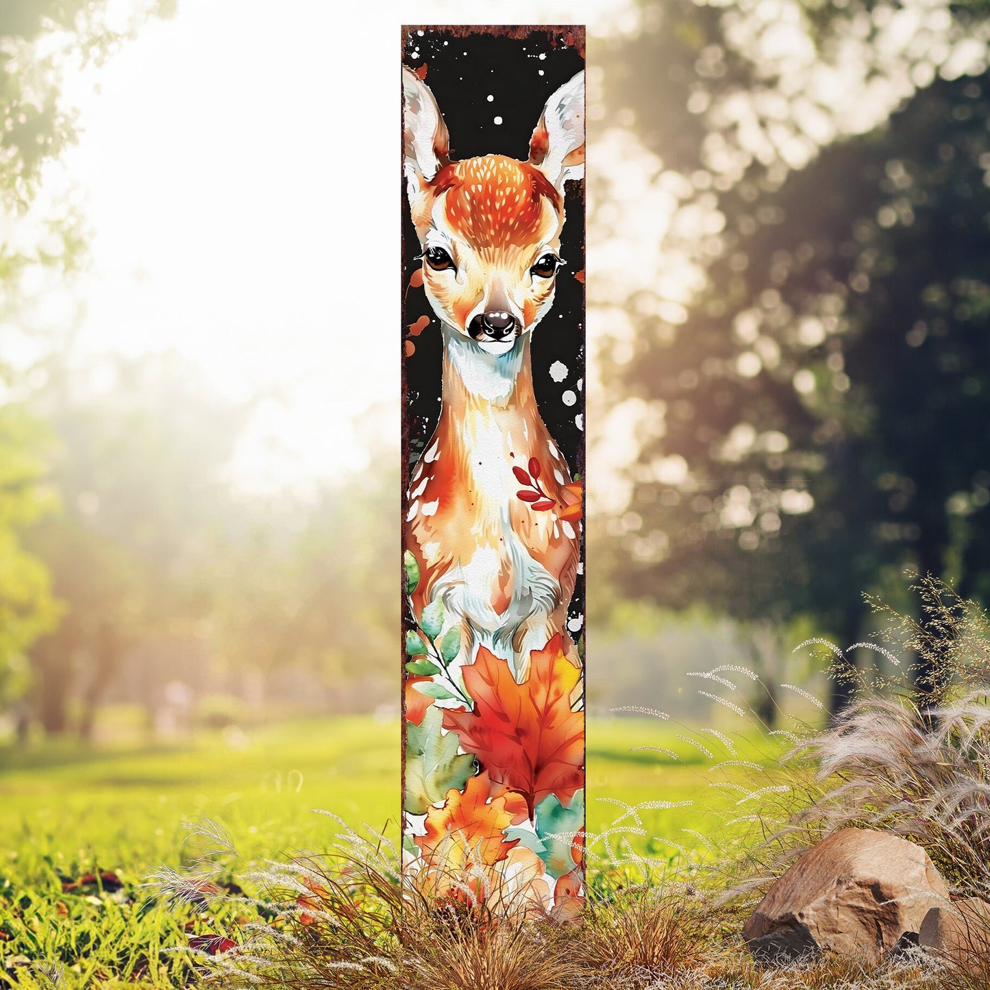 42in Fall Garden Stake - Watercolor Fall Baby Deer Decor - Ideal for Outdoor Decor | Yard Art and Garden Decorative