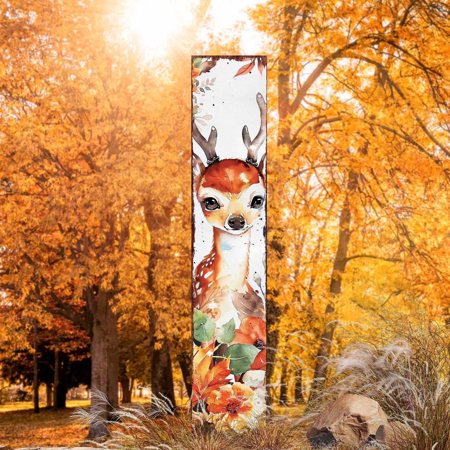 42in Fall Garden Stake - Watercolor Fall Baby Deer Decor - Ideal for Outdoor Decor - Yard Art and Garden Decorative