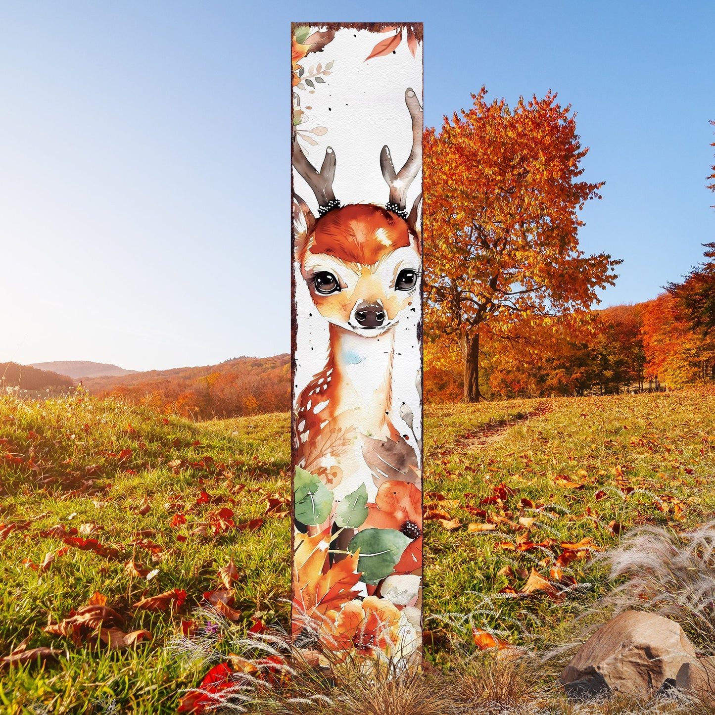 42in Fall Garden Stake - Watercolor Fall Baby Deer Decor - Ideal for Outdoor Decor - Yard Art and Garden Decorative