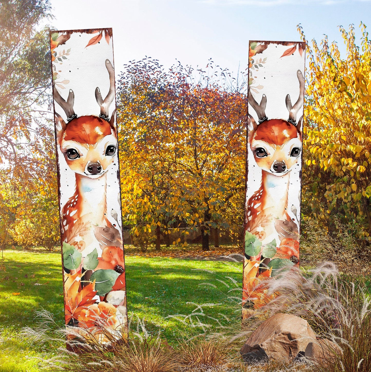 42in Fall Garden Stake - Watercolor Fall Baby Deer Decor - Ideal for Outdoor Decor - Yard Art and Garden Decorative