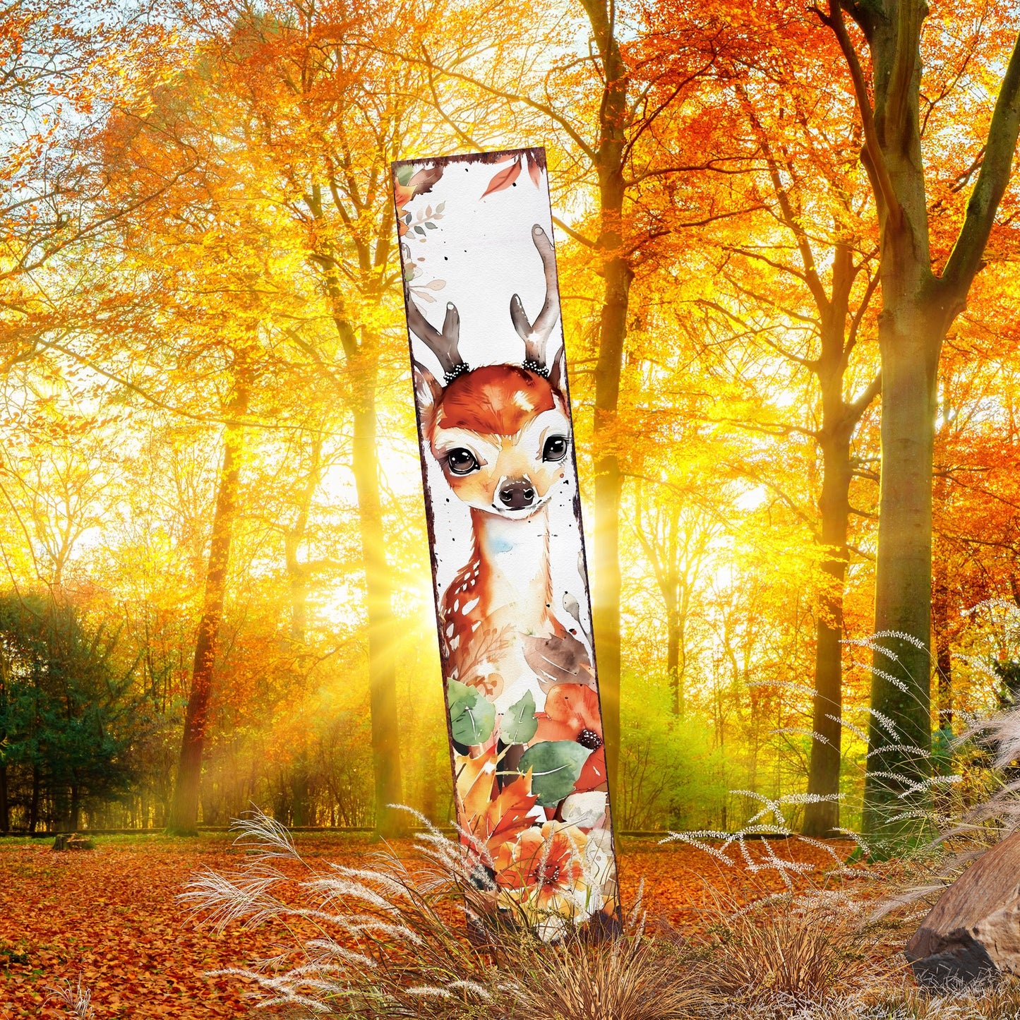 42in Fall Garden Stake - Watercolor Fall Baby Deer Decor - Ideal for Outdoor Decor - Yard Art and Garden Decorative