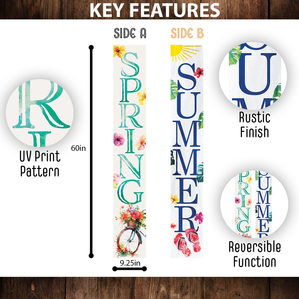 60in Spring Sign - Summer Porch Sign | Vintage Seasonal Decoration | Reversible Entryway Porch Board | Rustic Outdoor Welcome Sign