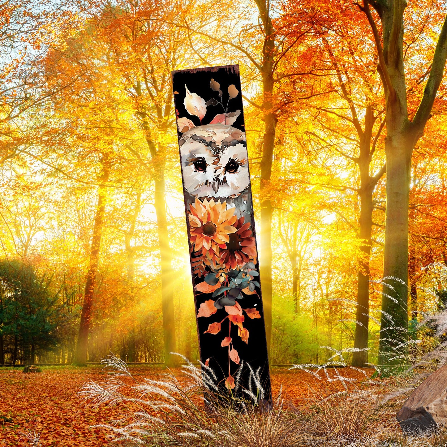 42in Fall Garden Stake with Watercolor Baby Owl - Perfect for Outdoor Decor, Yard Art, and Garden Decoration - Autumn Garden Accent