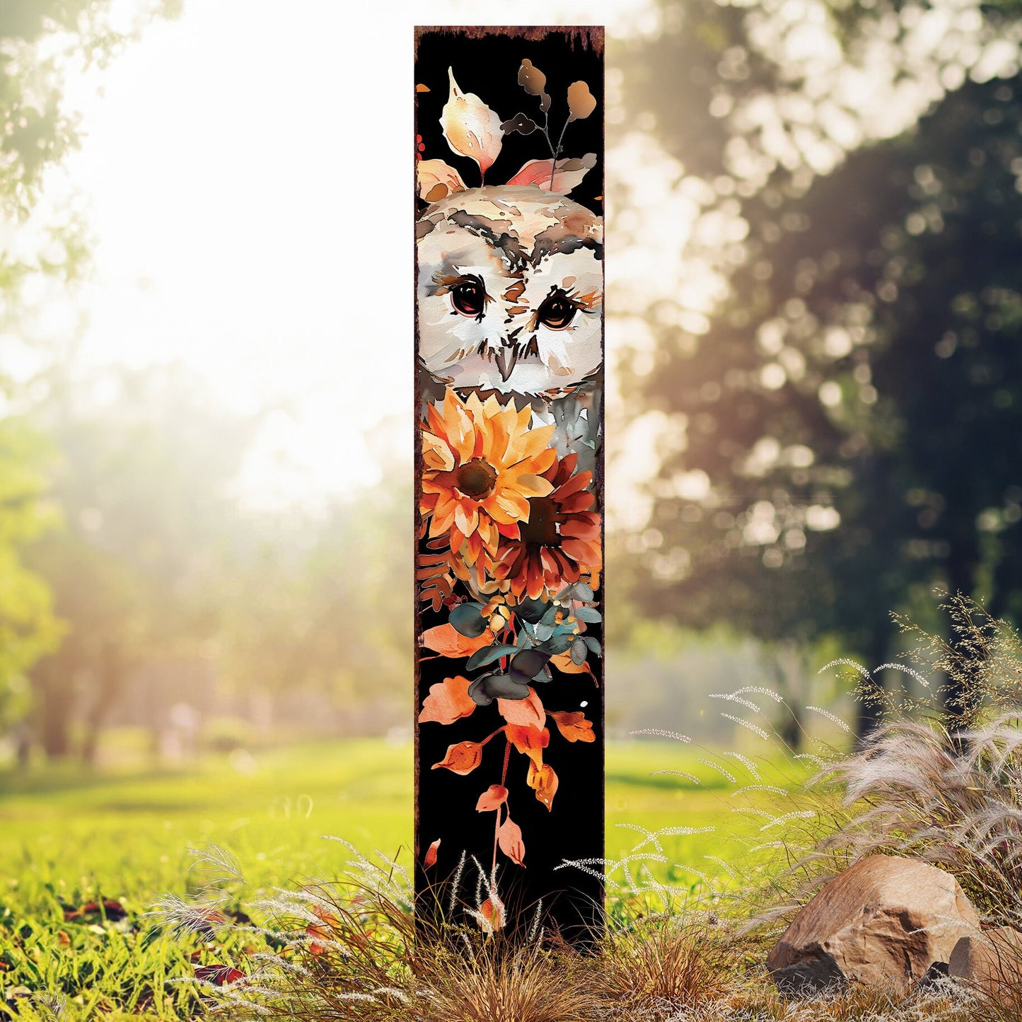 42in Fall Garden Stake with Watercolor Baby Owl - Perfect for Outdoor Decor, Yard Art, and Garden Decoration - Autumn Garden Accent