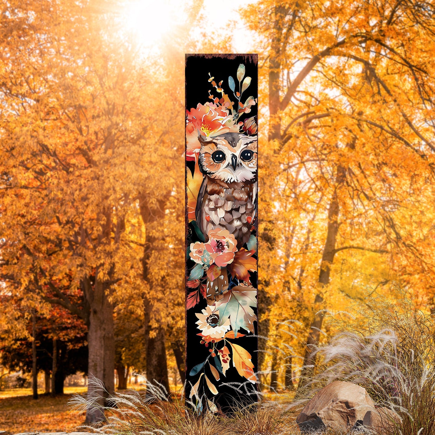 42in Fall Garden Stake - Watercolor Baby Owl - Perfect for Outdoor Decor- Yard Art - and Garden Decoration - Autumn Garden Accent