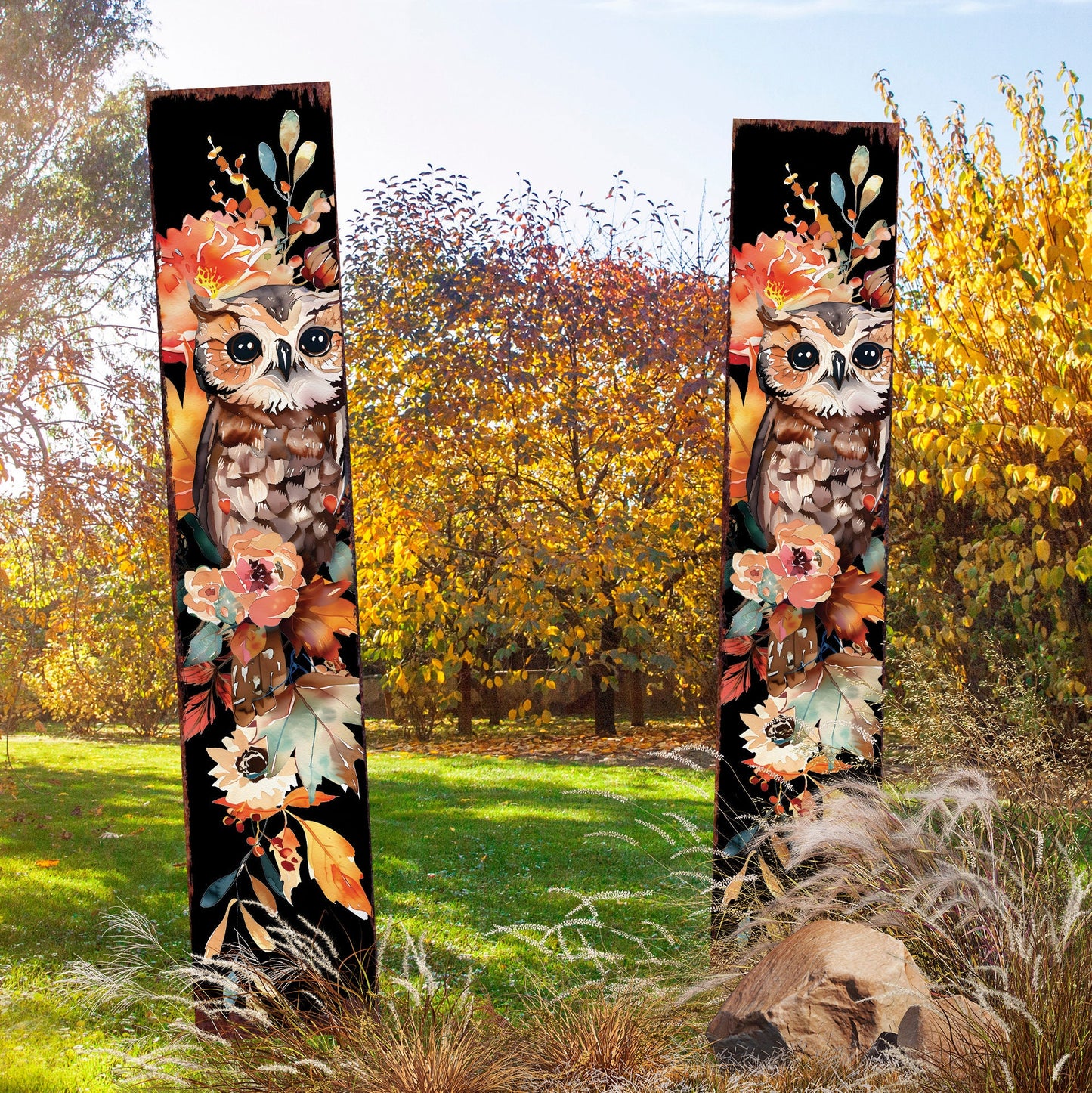42in Fall Garden Stake - Watercolor Baby Owl - Perfect for Outdoor Decor- Yard Art - and Garden Decoration - Autumn Garden Accent