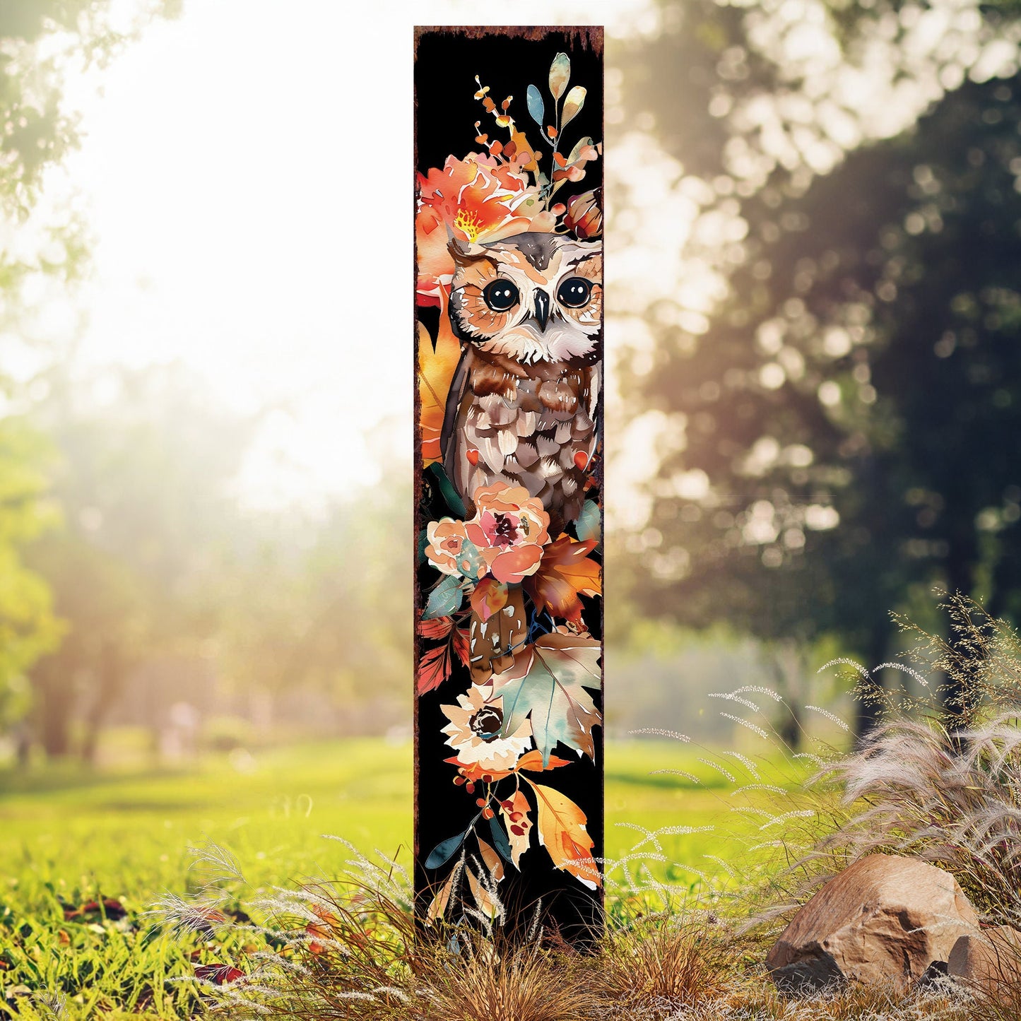 42in Fall Garden Stake - Watercolor Baby Owl - Perfect for Outdoor Decor- Yard Art - and Garden Decoration - Autumn Garden Accent