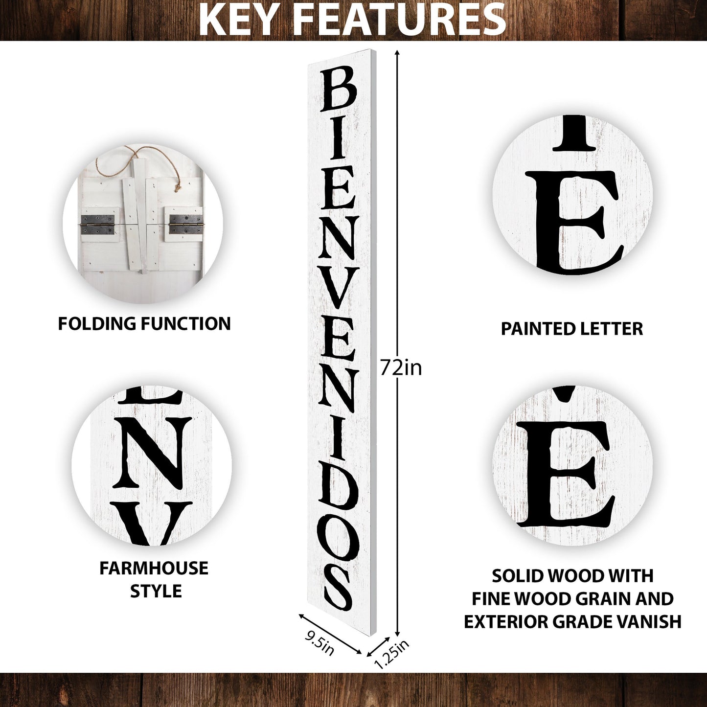 72in White Bienvenido Porch Sign - UV Protected, Sealed, Foldable, Portable - Ideal for Front Door and Entryway Decor