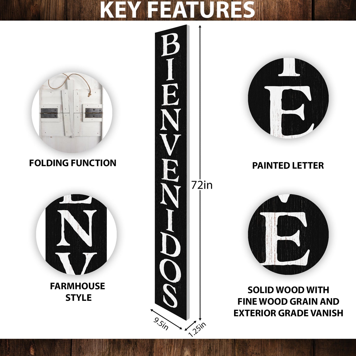 72in Black Bienvenido Porch Sign - UV Protected, Sealed, Foldable, Portable - Perfect for Front Door and Entryway Decor