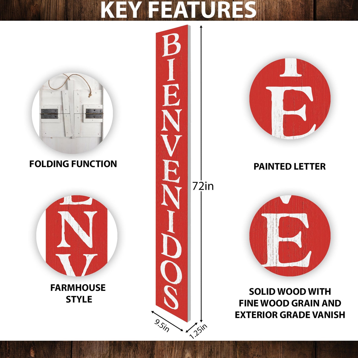 72in Red Bienvenido Porch Sign - UV Protected, Sealed, Foldable, Portable - Perfect for Front Door and Entryway Decor