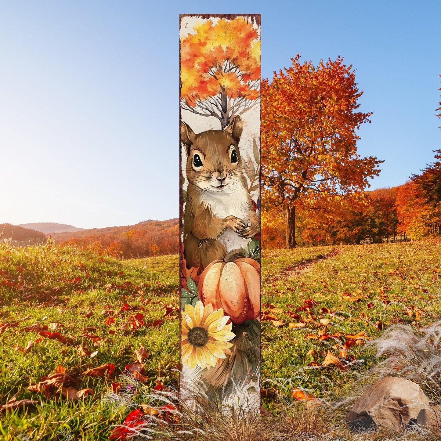42-inch Fall Garden Stake - Watercolor Baby Squirrel | Perfect for Outdoor Decor | Yard Art and Garden Decoration | Autumn Garden Accent