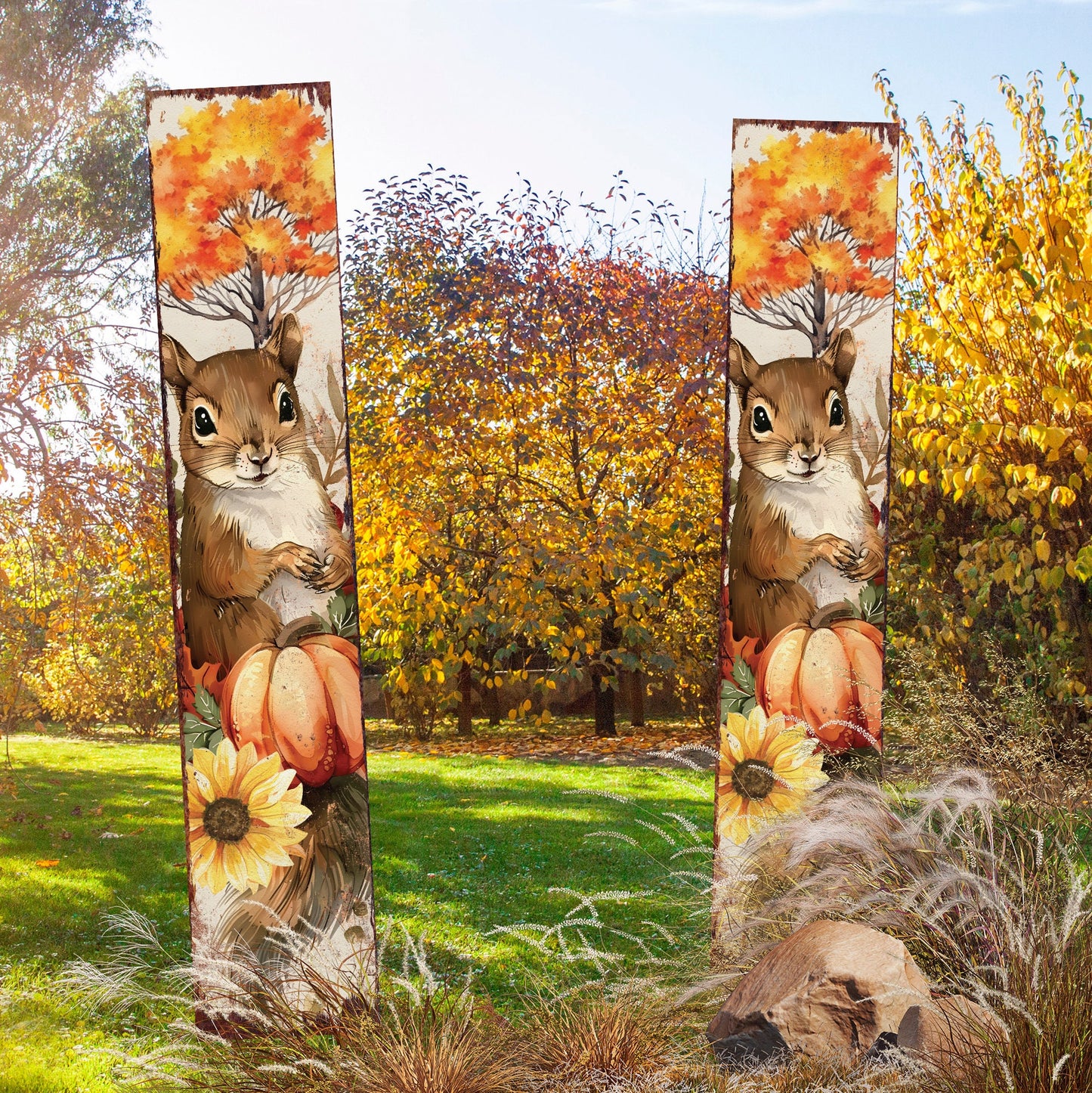 42-inch Fall Garden Stake - Watercolor Baby Squirrel | Perfect for Outdoor Decor | Yard Art and Garden Decoration | Autumn Garden Accent