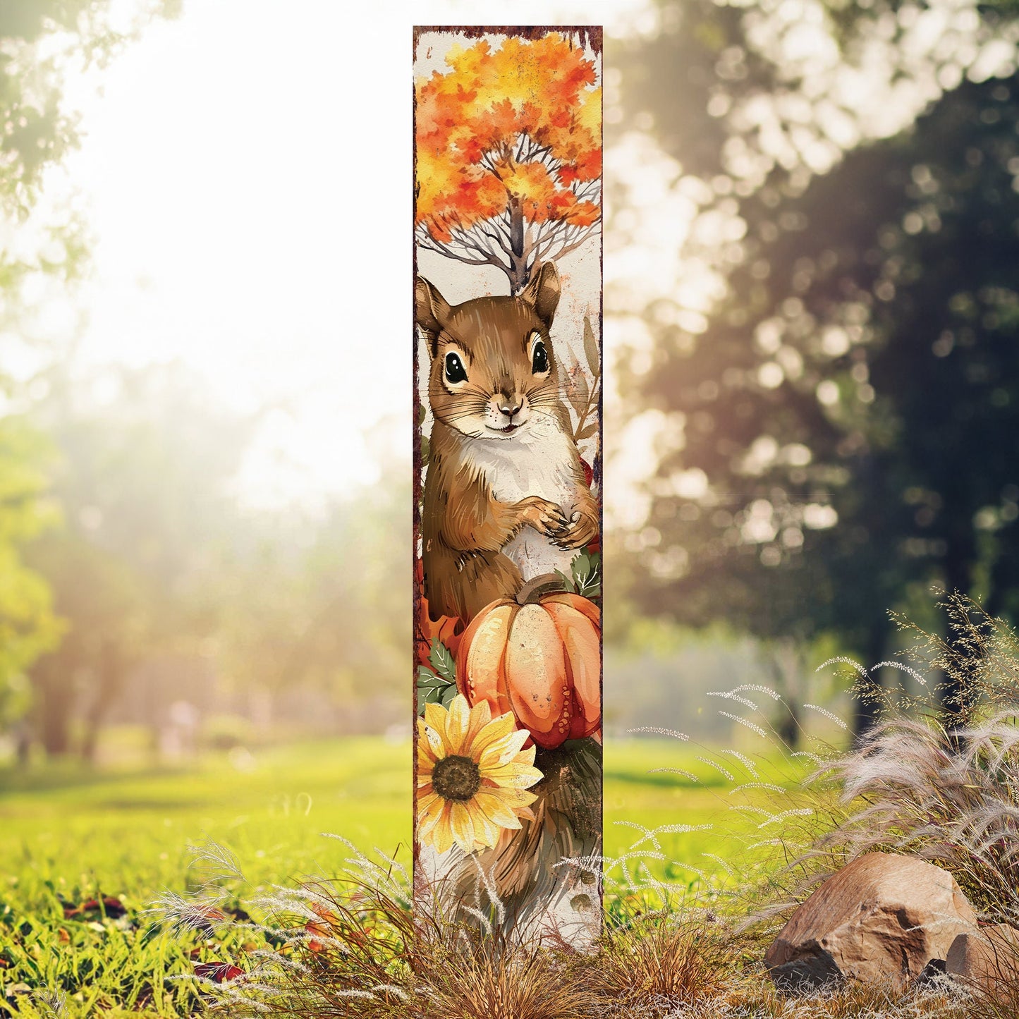 42-inch Fall Garden Stake - Watercolor Baby Squirrel | Perfect for Outdoor Decor | Yard Art and Garden Decoration | Autumn Garden Accent