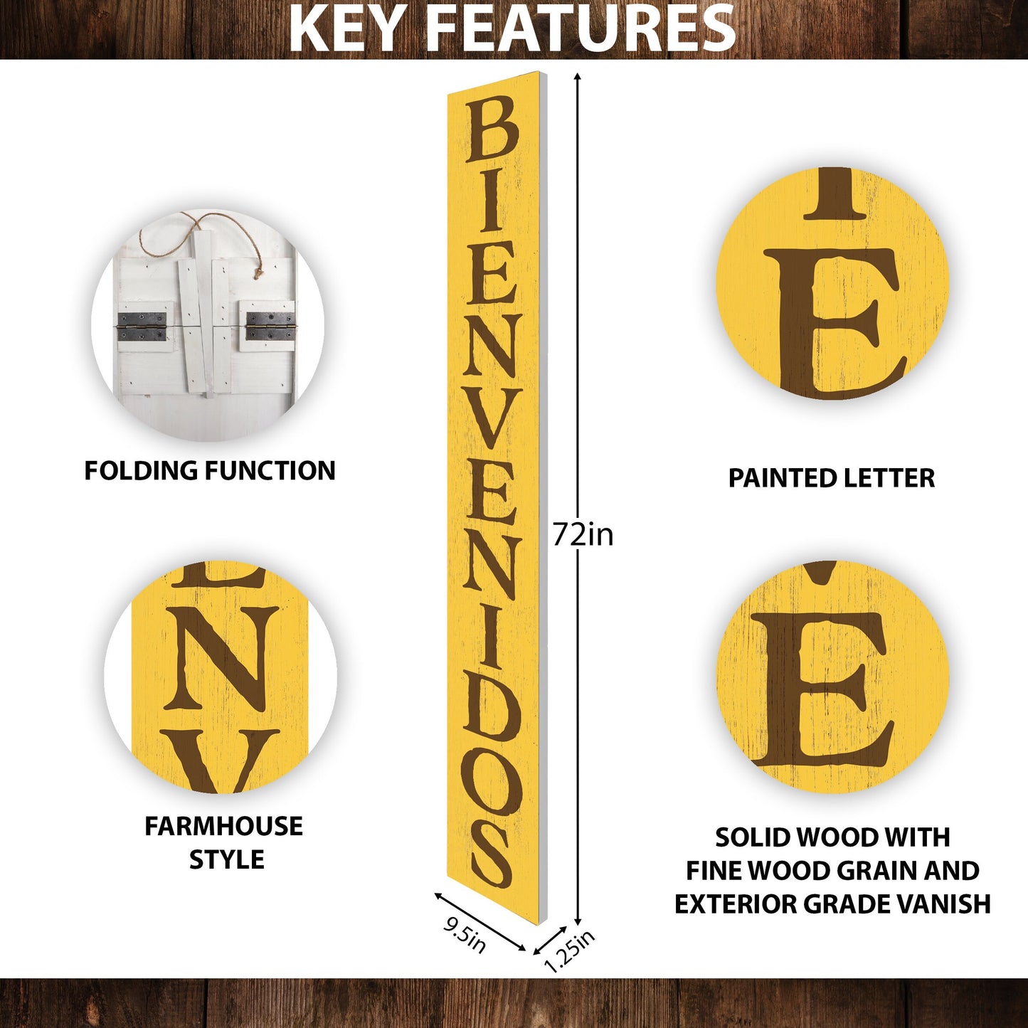 72in Yellow Bienvenido Porch Sign - UV Protected, Sealed, Foldable, Portable - Perfect for Front Door and Entryway Decor