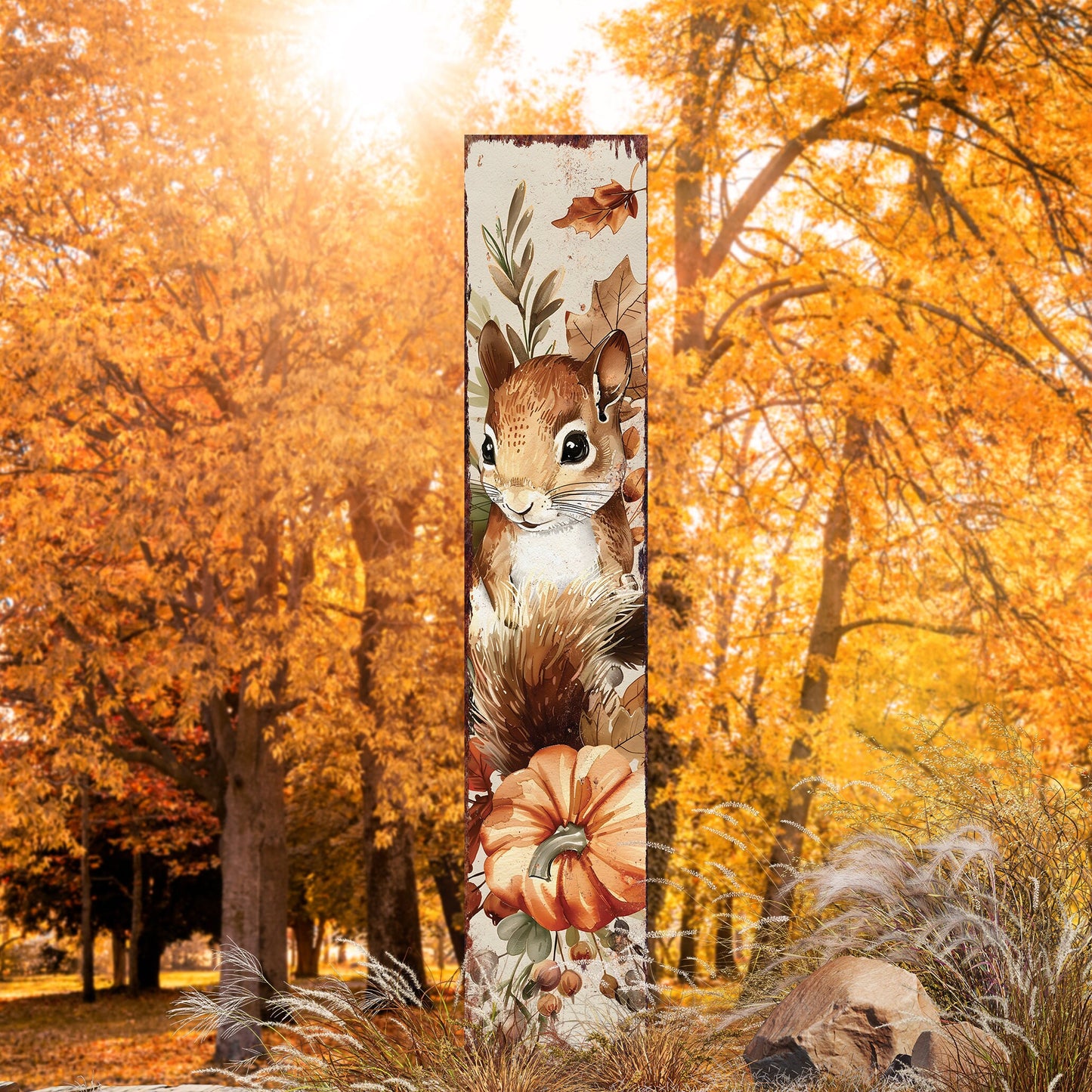 42-inch Fall Garden Stake - Watercolor Baby Squirrel - Perfect for Outdoor Decor | Yard Art and Garden Decoration | Autumn Garden Accent