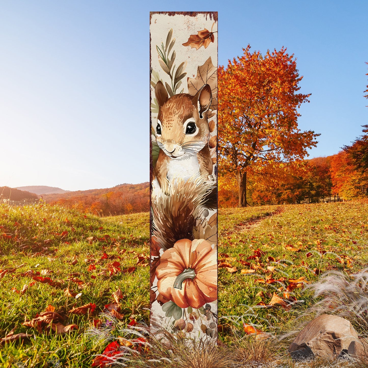 42-inch Fall Garden Stake - Watercolor Baby Squirrel - Perfect for Outdoor Decor | Yard Art and Garden Decoration | Autumn Garden Accent