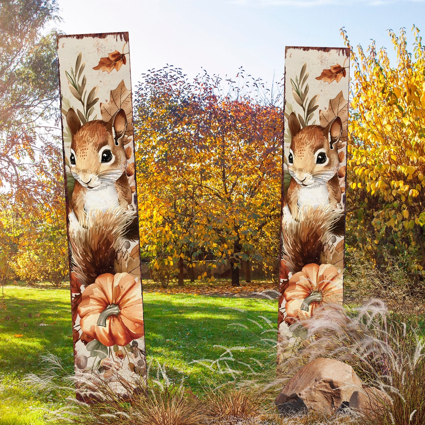 42-inch Fall Garden Stake - Watercolor Baby Squirrel - Perfect for Outdoor Decor | Yard Art and Garden Decoration | Autumn Garden Accent