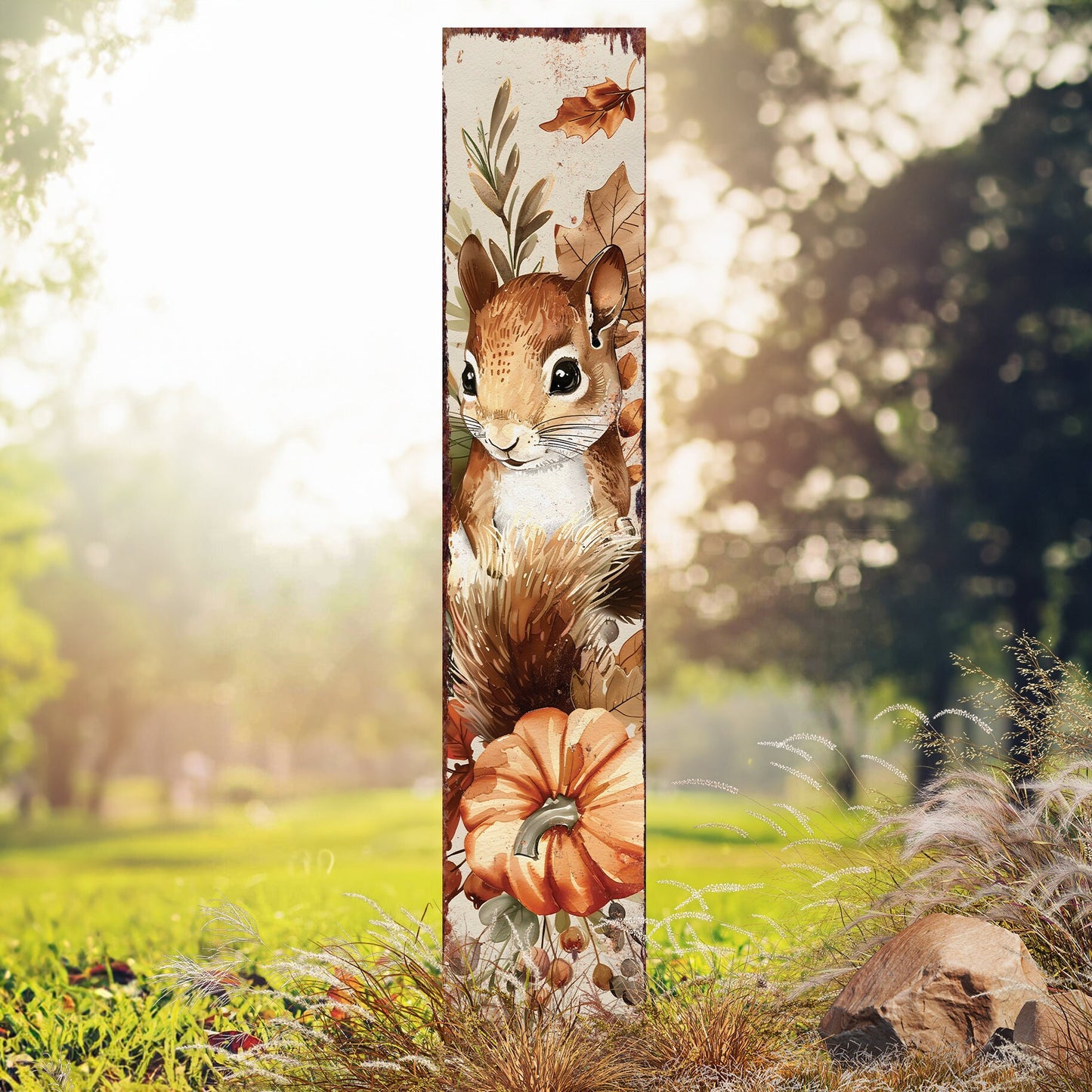 42-inch Fall Garden Stake - Watercolor Baby Squirrel - Perfect for Outdoor Decor | Yard Art and Garden Decoration | Autumn Garden Accent