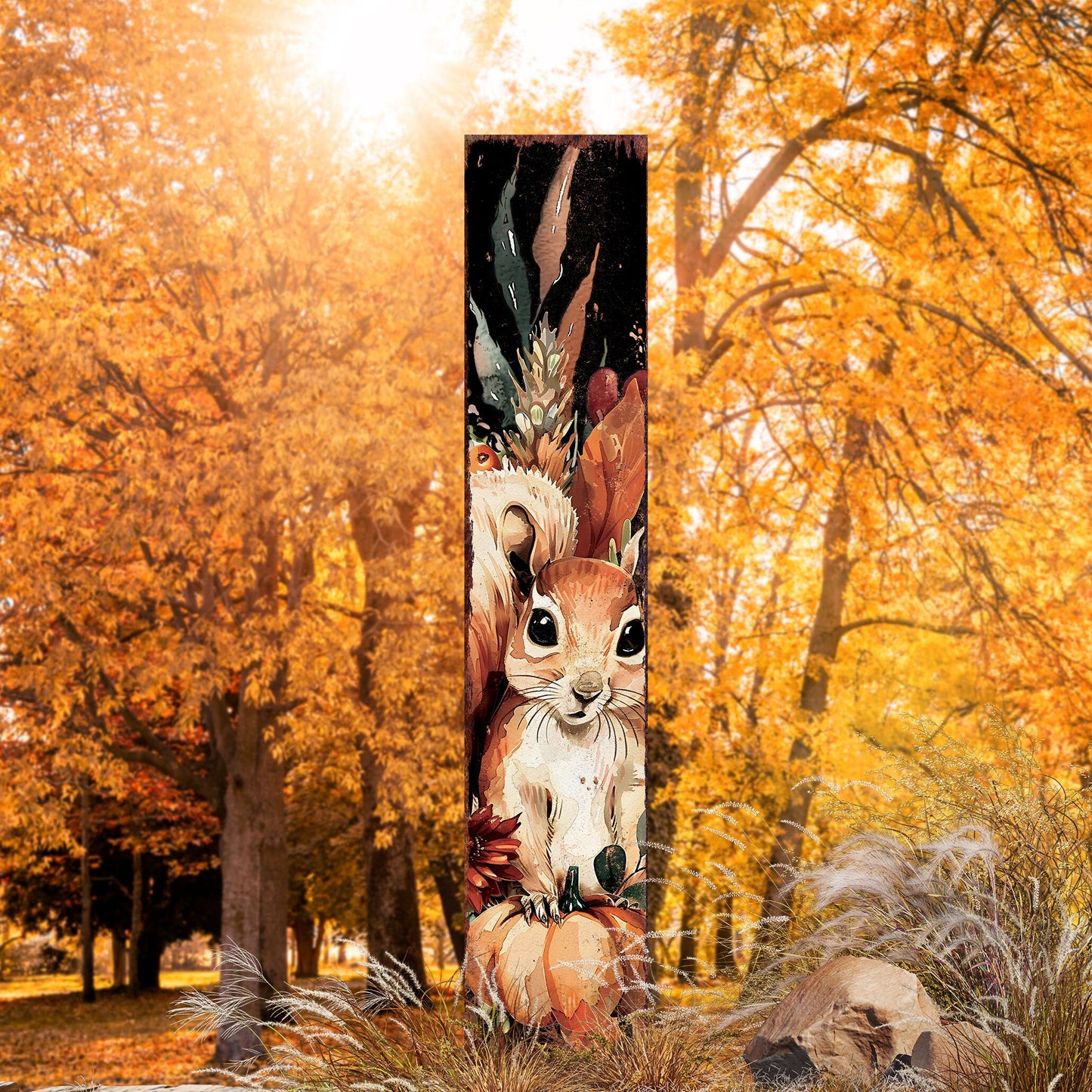 42-inch Fall Garden Stake - Watercolor Baby Squirrel - Perfect for Outdoor Decor - Yard Art and Garden Decoration | Autumn Garden Accent