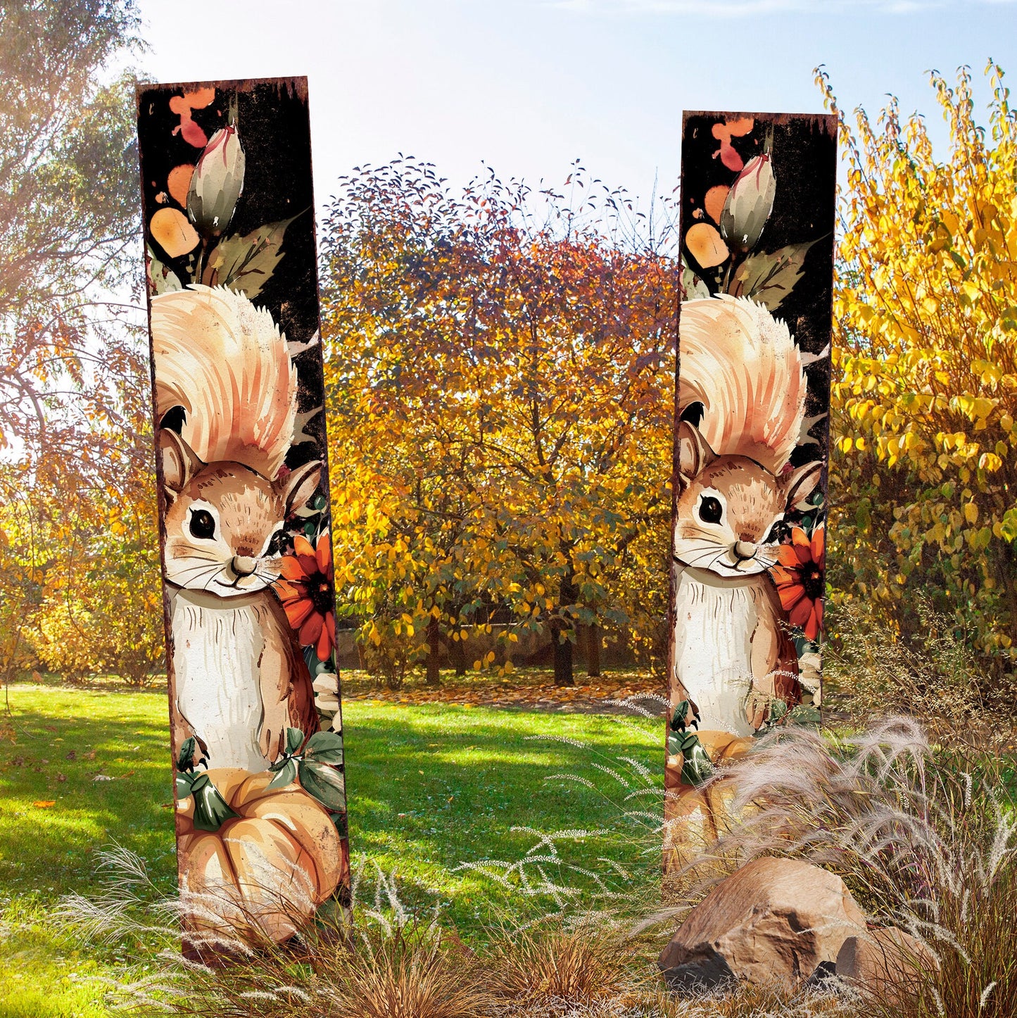 42-inch Fall Garden Stake - Watercolor Baby Squirrel - Perfect for Outdoor Decor - Yard Art and Garden Decoration - Autumn Garden Accent