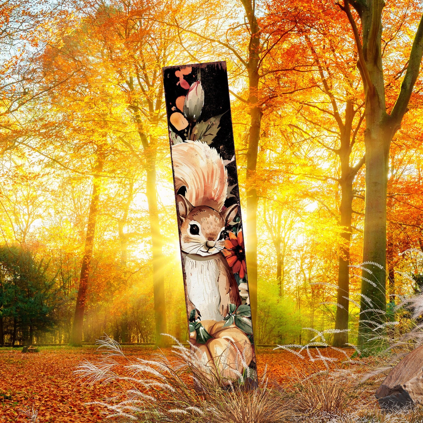 42-inch Fall Garden Stake - Watercolor Baby Squirrel - Perfect for Outdoor Decor - Yard Art and Garden Decoration - Autumn Garden Accent