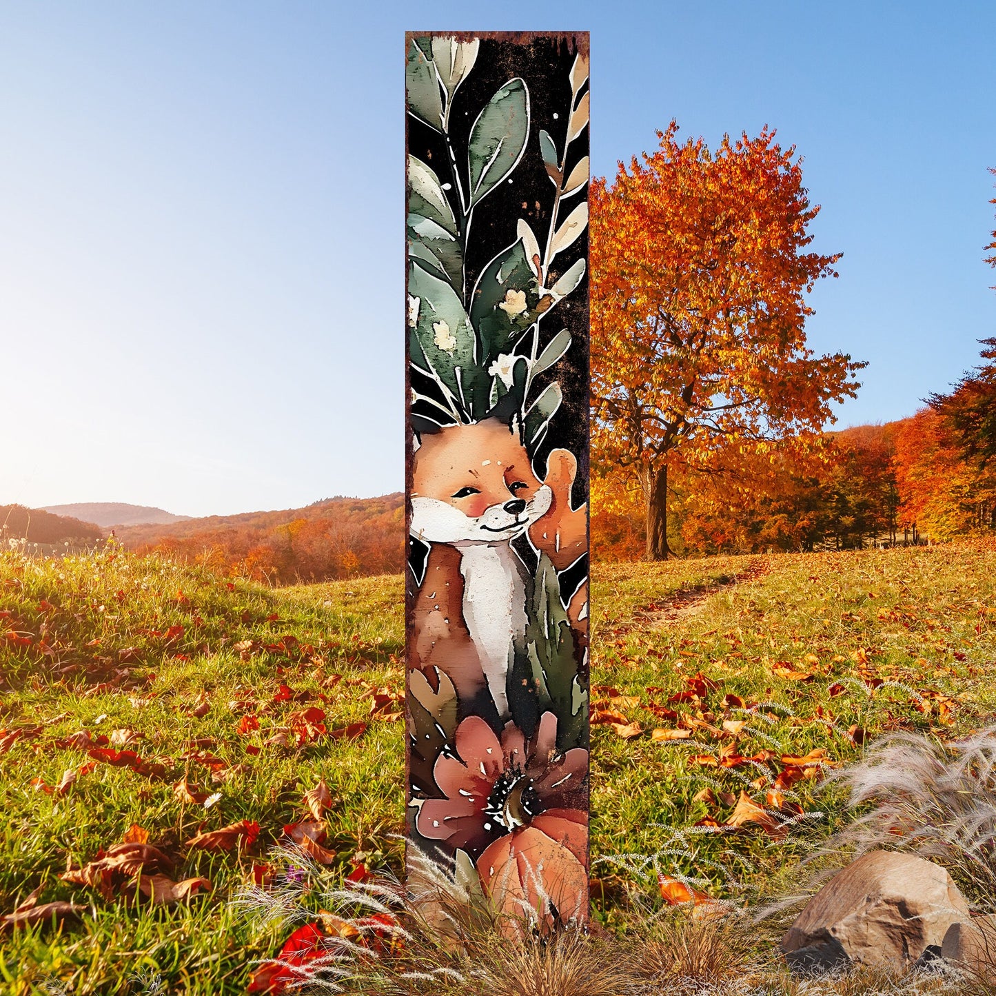 42-inch Fall Garden Stake - Watercolor Foxy | Perfect for Outdoor Decor | Yard Art and Garden Decoration | Autumn Garden Accent