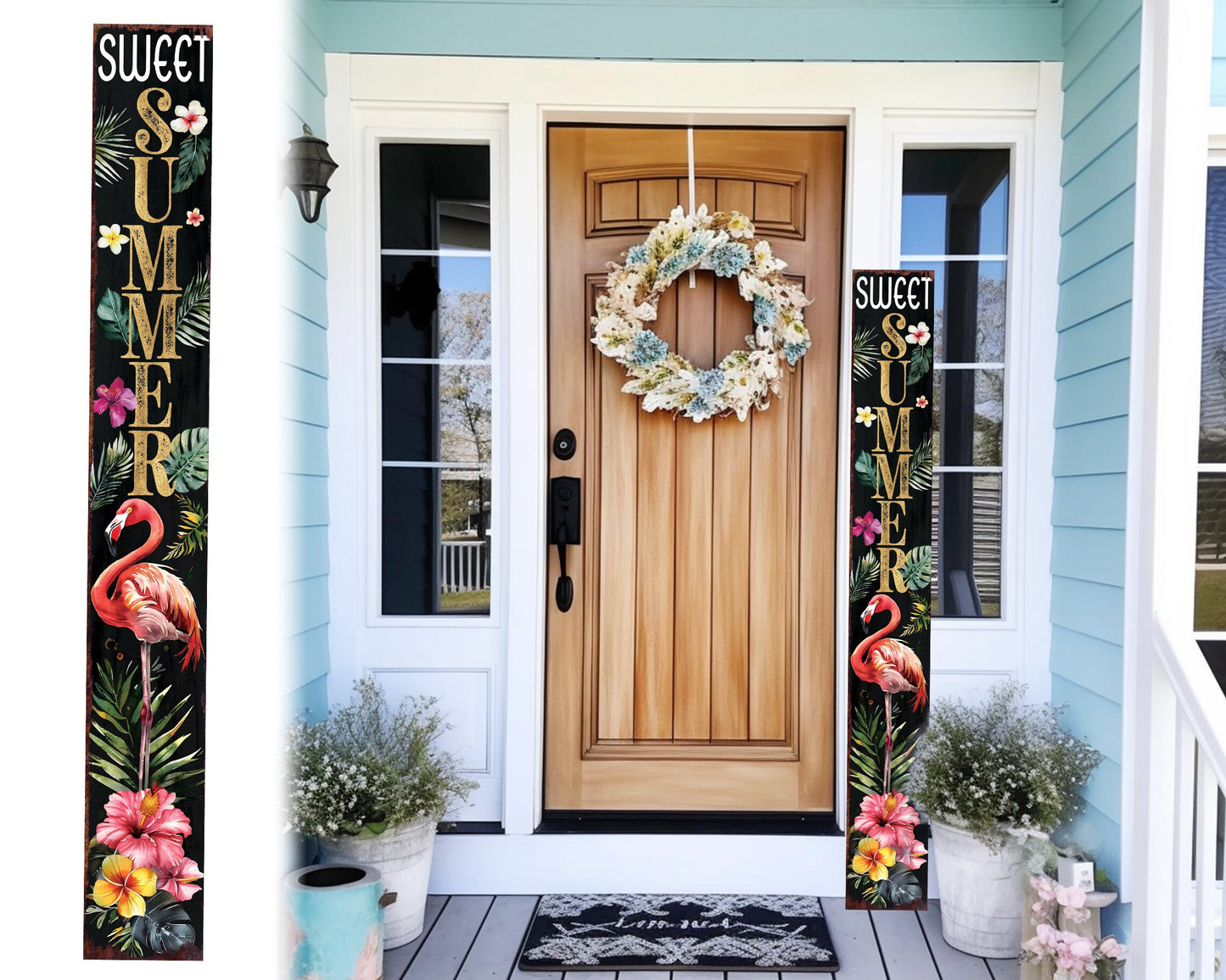 72in Summer Tropical Watercolor Flamingo Porch Sign - UV Protected - Perfect for Door, Wall, Outdoor Entryway Decor, Sealed, Foldable