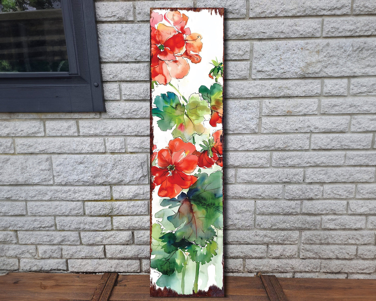 36in Summer-Themed Red Geranium Wooden Porch Sign - Rustic Farmhouse Decor for Door, Wall, Outdoor Entryway
