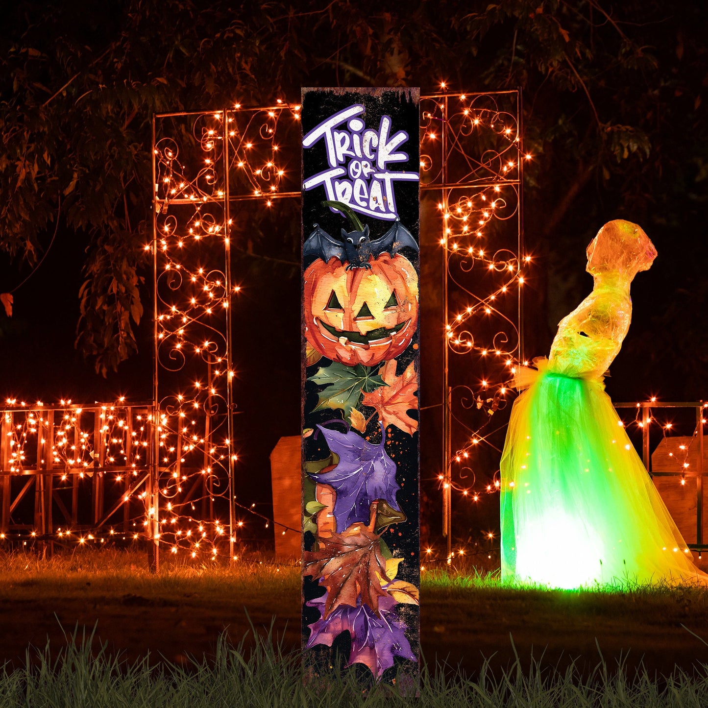 42-inch Trick or Treat Watercolor Pumpkin Garden Stake | Halloween Decor | Perfect for Outdoor Decor on Patio and Lawn Decor