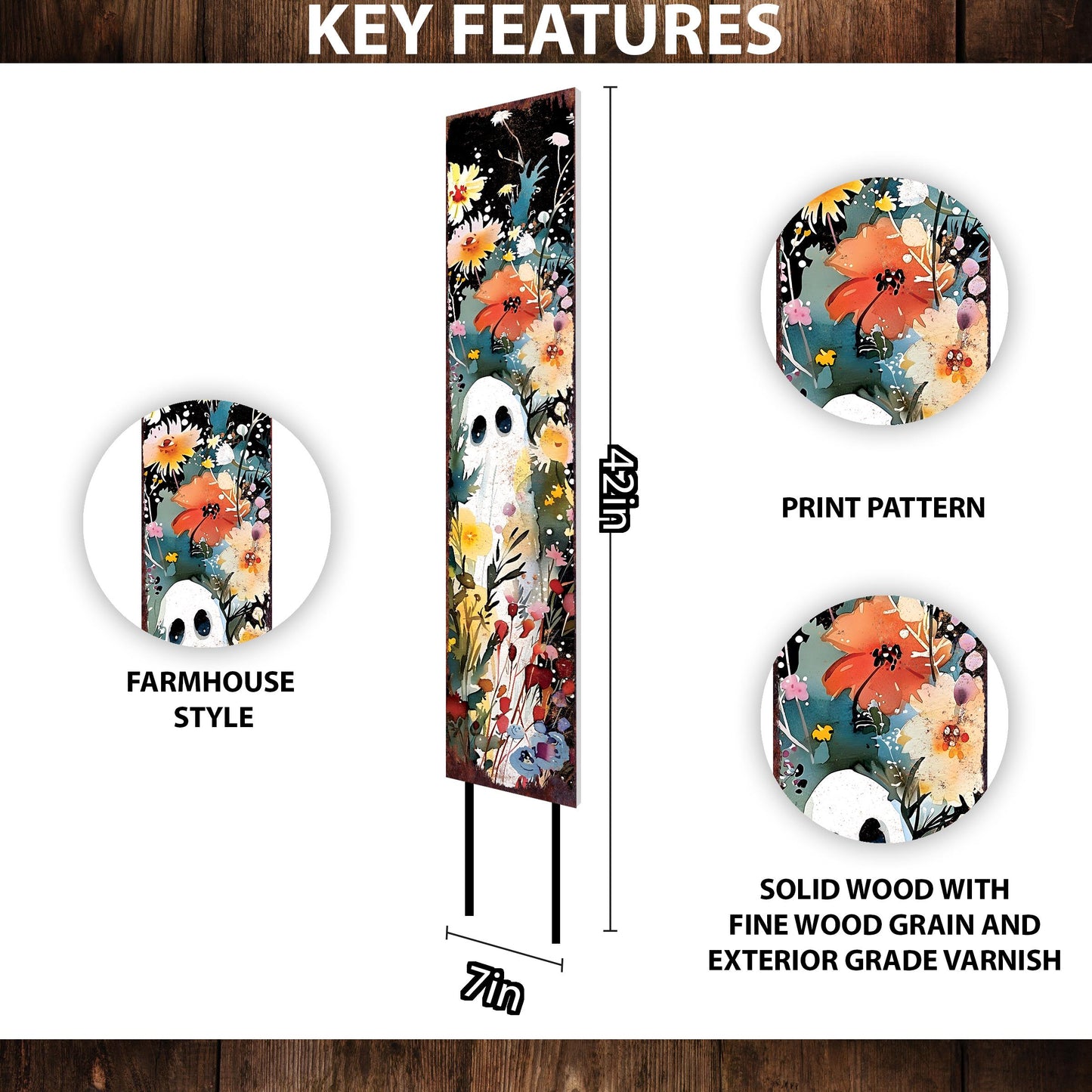 42in Halloween Watercolor - Ghost Wildflower Garden Stake - Wooden Halloween Decor | Perfect for Outdoor Decor on Patio & Lawn
