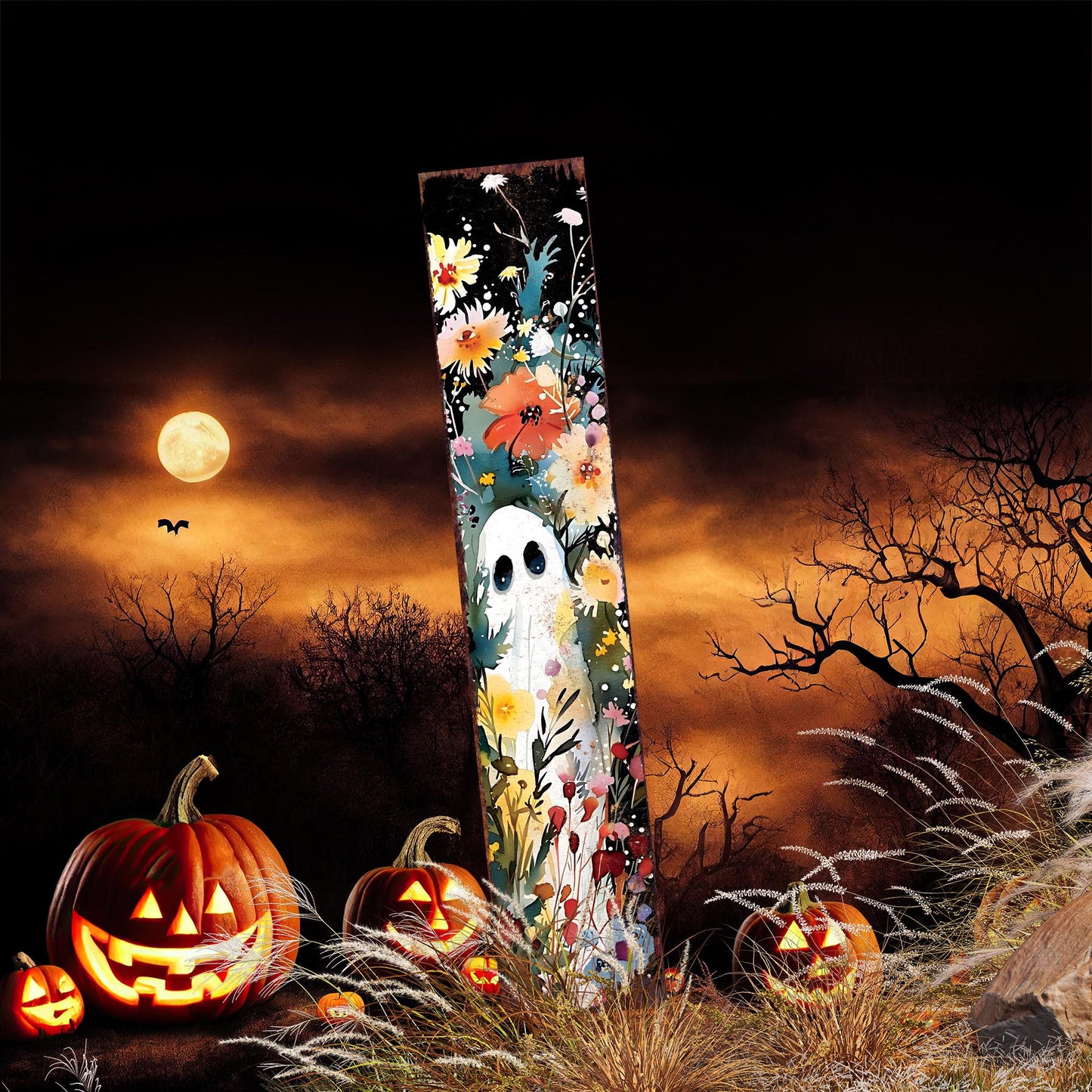42in Halloween Watercolor - Ghost Wildflower Garden Stake - Wooden Halloween Decor | Perfect for Outdoor Decor on Patio & Lawn