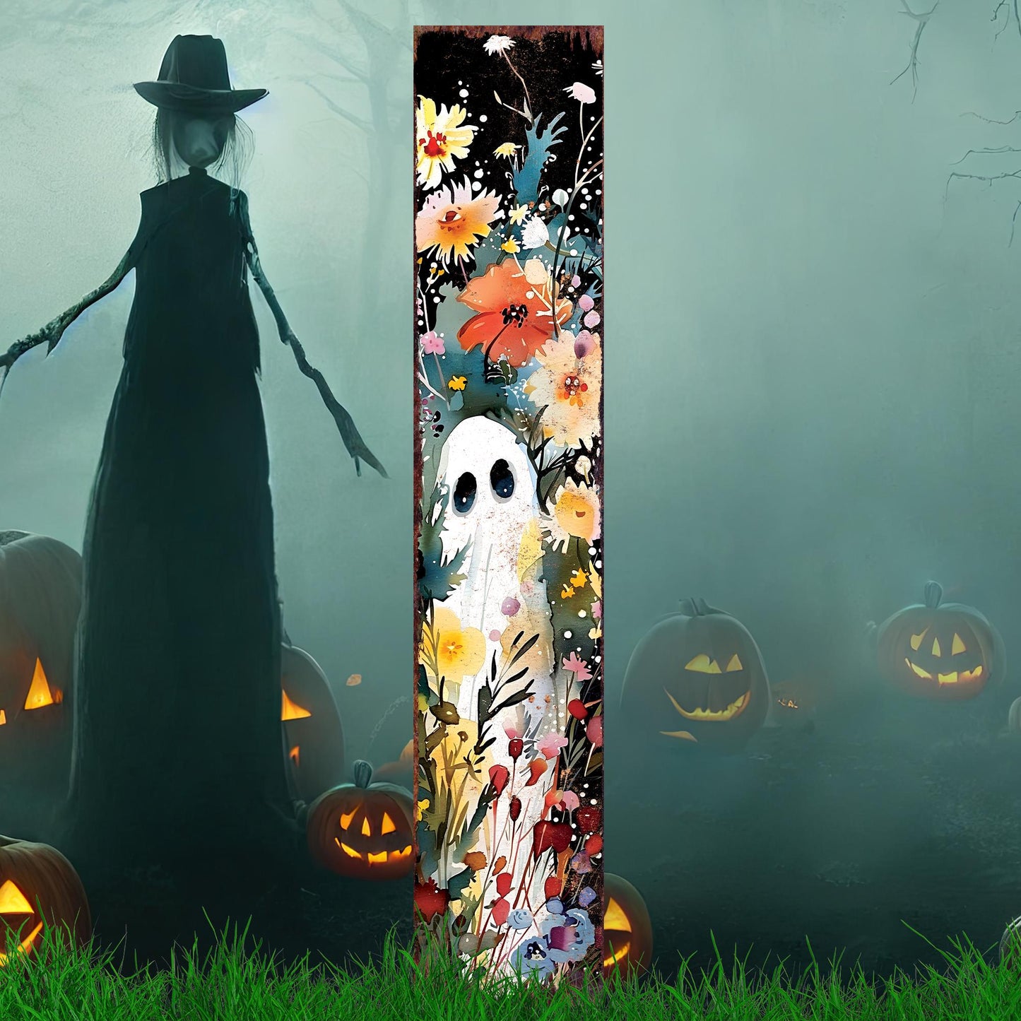 42in Halloween Watercolor - Ghost Wildflower Garden Stake - Wooden Halloween Decor | Perfect for Outdoor Decor on Patio & Lawn