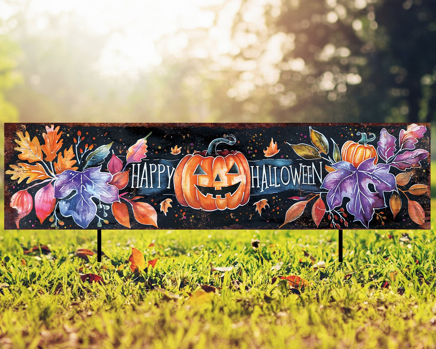 36in Happy Halloween Garden Stake - Perfect for Outdoor Decor, Yard Art, Halloween Garden Decorations - Watercolor Style Pumpkin