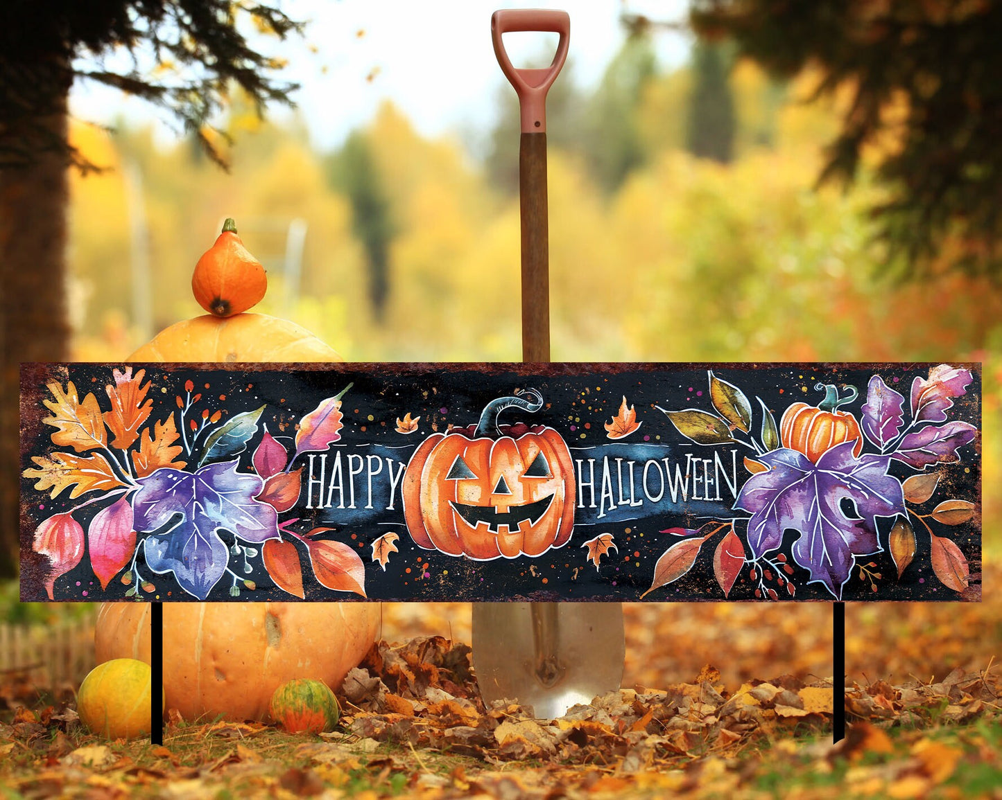 36in Happy Halloween Garden Stake - Perfect for Outdoor Decor, Yard Art, Halloween Garden Decorations - Watercolor Style Pumpkin