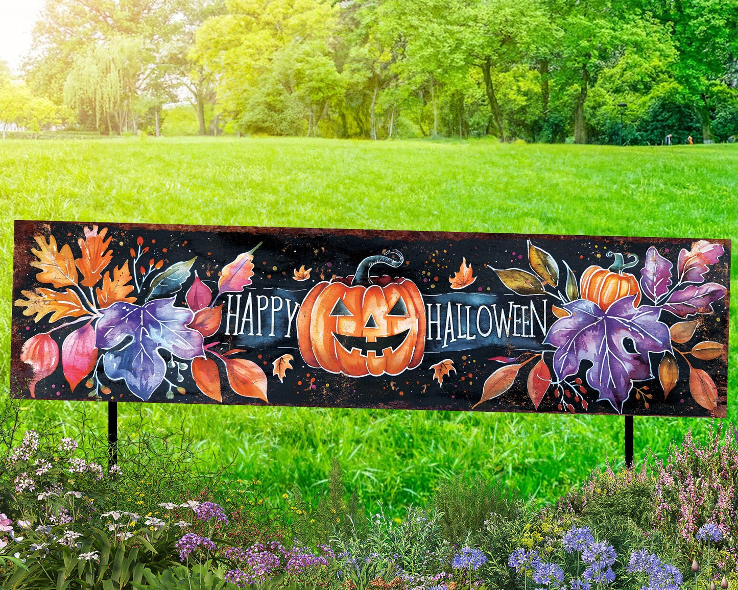 36in Happy Halloween Garden Stake - Perfect for Outdoor Decor, Yard Art, Halloween Garden Decorations - Watercolor Style Pumpkin