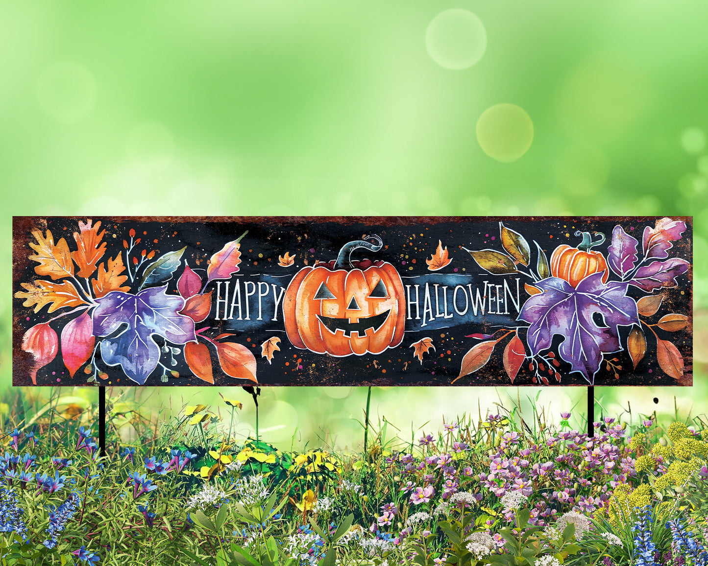 36in Happy Halloween Garden Stake - Perfect for Outdoor Decor, Yard Art, Halloween Garden Decorations - Watercolor Style Pumpkin