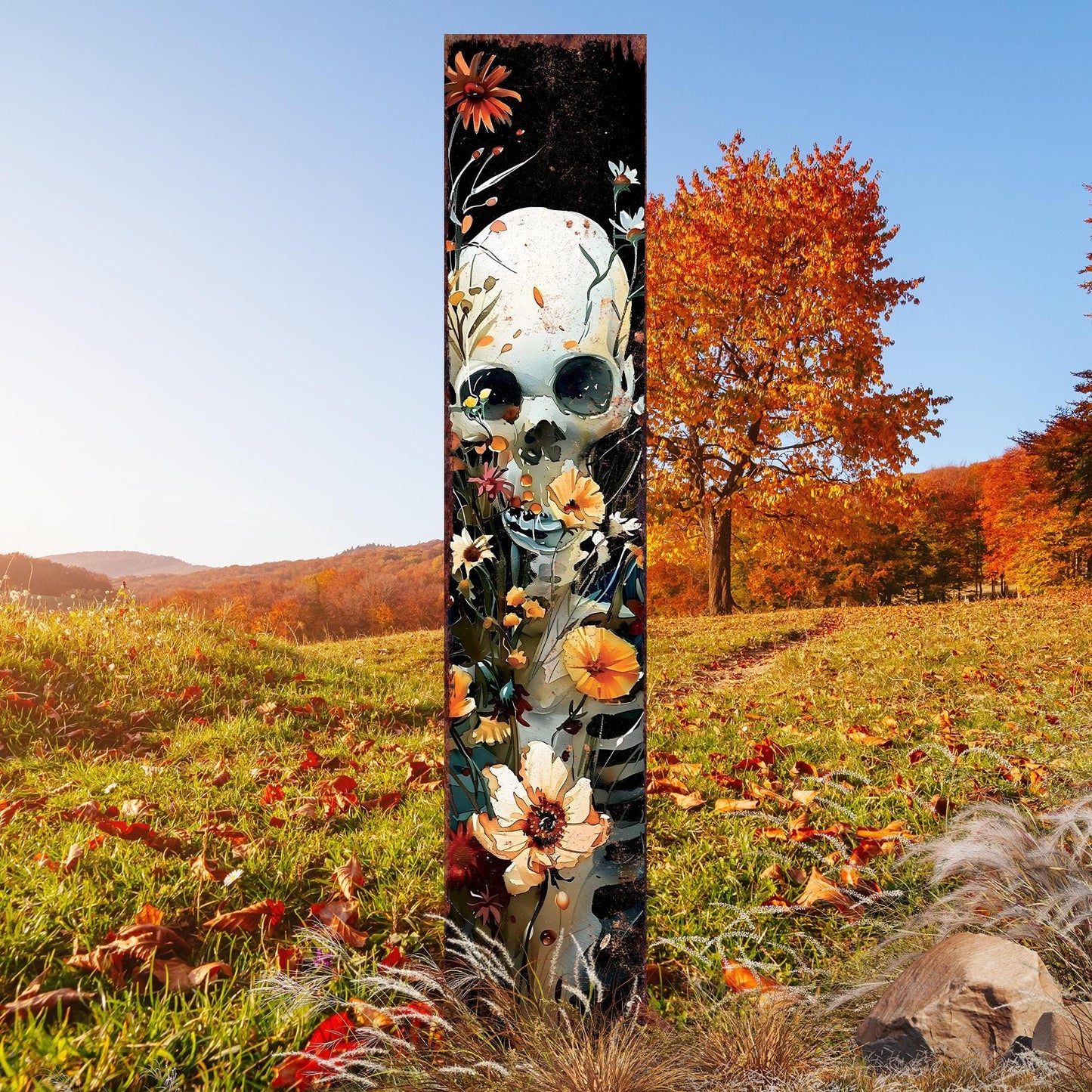 42in Halloween Garden Stake | Wooden Decor | Watercolor Skeleton | Outdoor Patio & Lawn Decoration - | Wildflower Halloween Decor