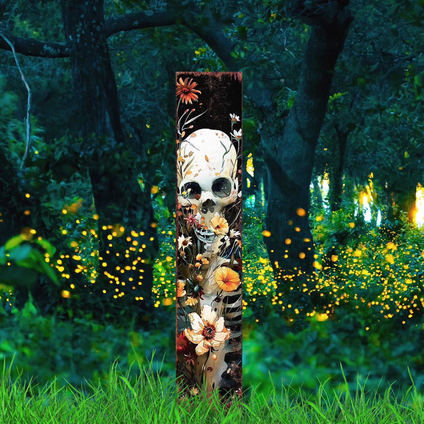 42in Halloween Garden Stake | Wooden Decor | Watercolor Skeleton | Outdoor Patio & Lawn Decoration - | Wildflower Halloween Decor